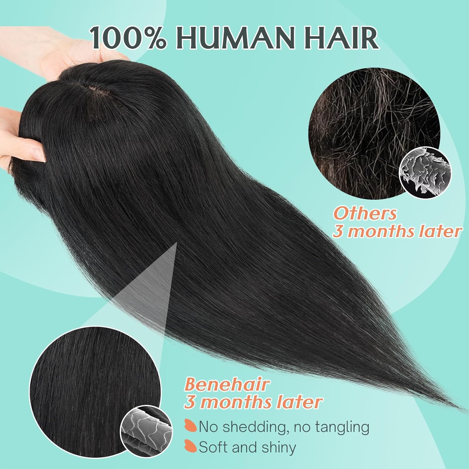 Benehair 100% Remy Human Hair Toppers for Women, 9 * 12CM Silk Base Hairpieces With Bangs 150% Density for Thinning Hair Jet Black 14 Inch