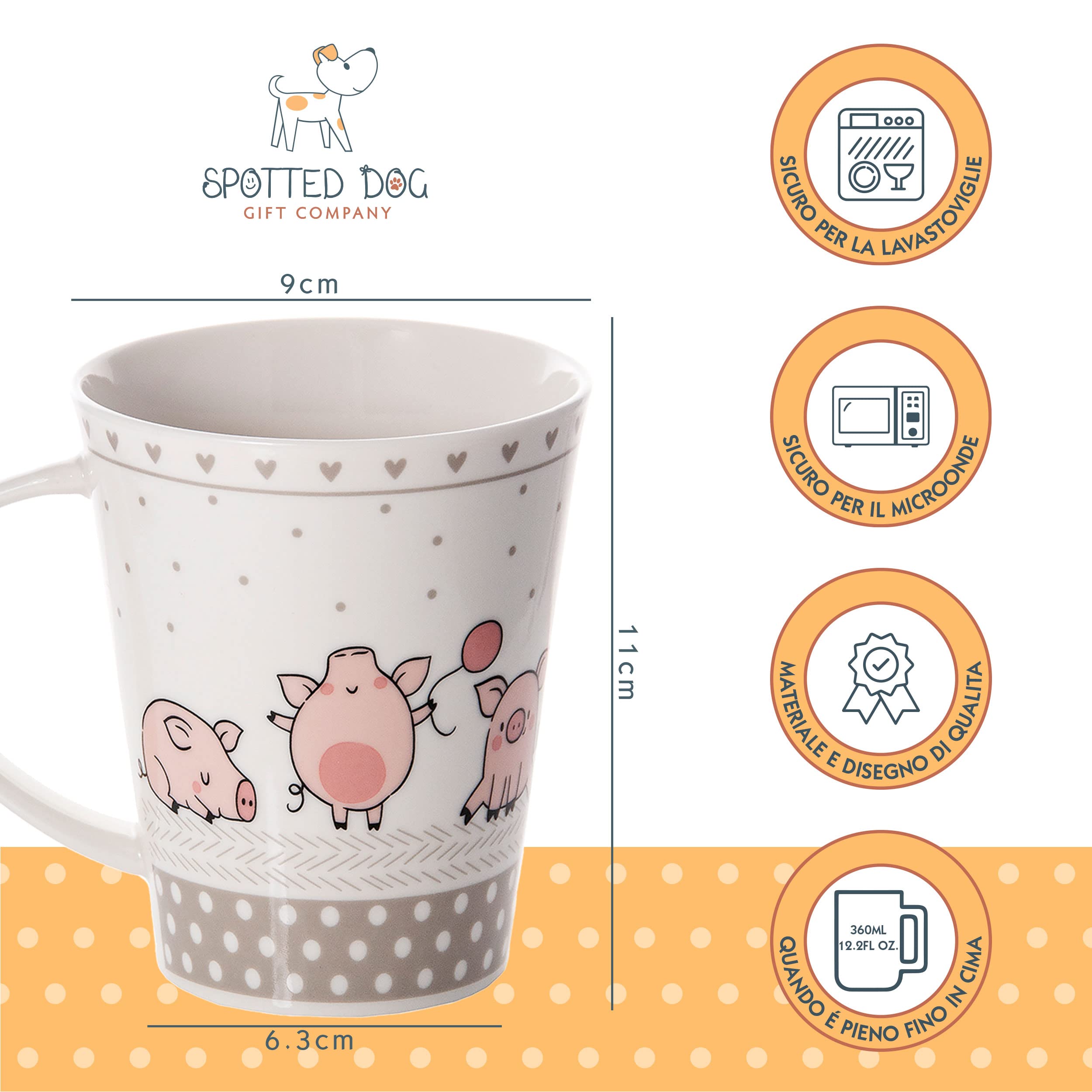 SPOTTED DOG GIFT COMPANY Set di 4 Tazze da Caffè in Ceramica 360 ml per Caffè e Tè, Tazze con Animali a Tema Maialino, Design Divertente e Carino, Regalo con Maialino