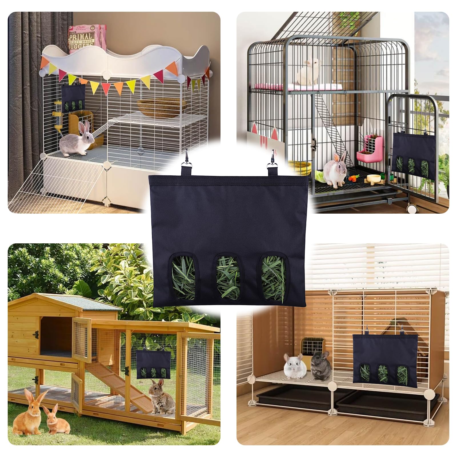 Mangeoire à Foin pour Lapin,Cochon d'Inde,Sac de Rangement,Lavable à Suspendre Automatique,Distributeur Pratique pour Petits Animaux pour Lapin,Chinchilla Hamster(3 Ouvertures)
