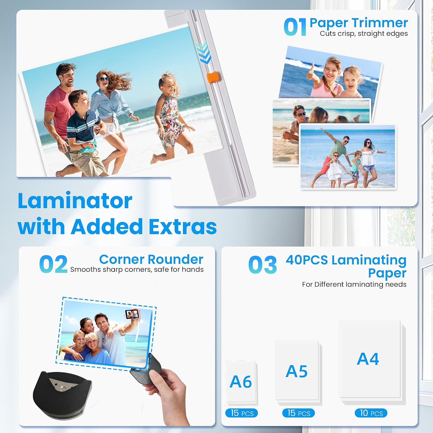 VUSIGN Laminator Machine, 9-Inch Thermal Laminator with 40 Laminating Sheets, 2 Roller System, 3-Minute Quick Warm-Up, A4 Laminating Machine with Paper Trimmer & Corner Rounder, for Home Office School