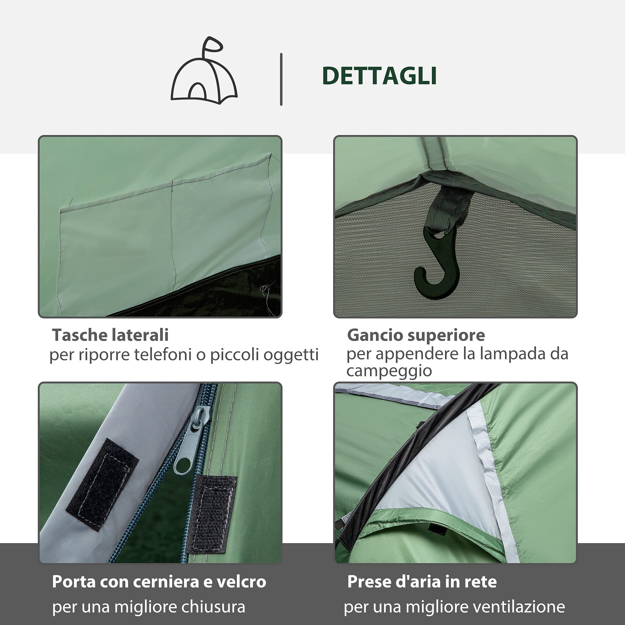 Outsunny Tenda Da Campeggio Pop-Up 2-3 Persone Con Veranda - Impermeabile 2000mm, UV50+, 210x210x150 Cm