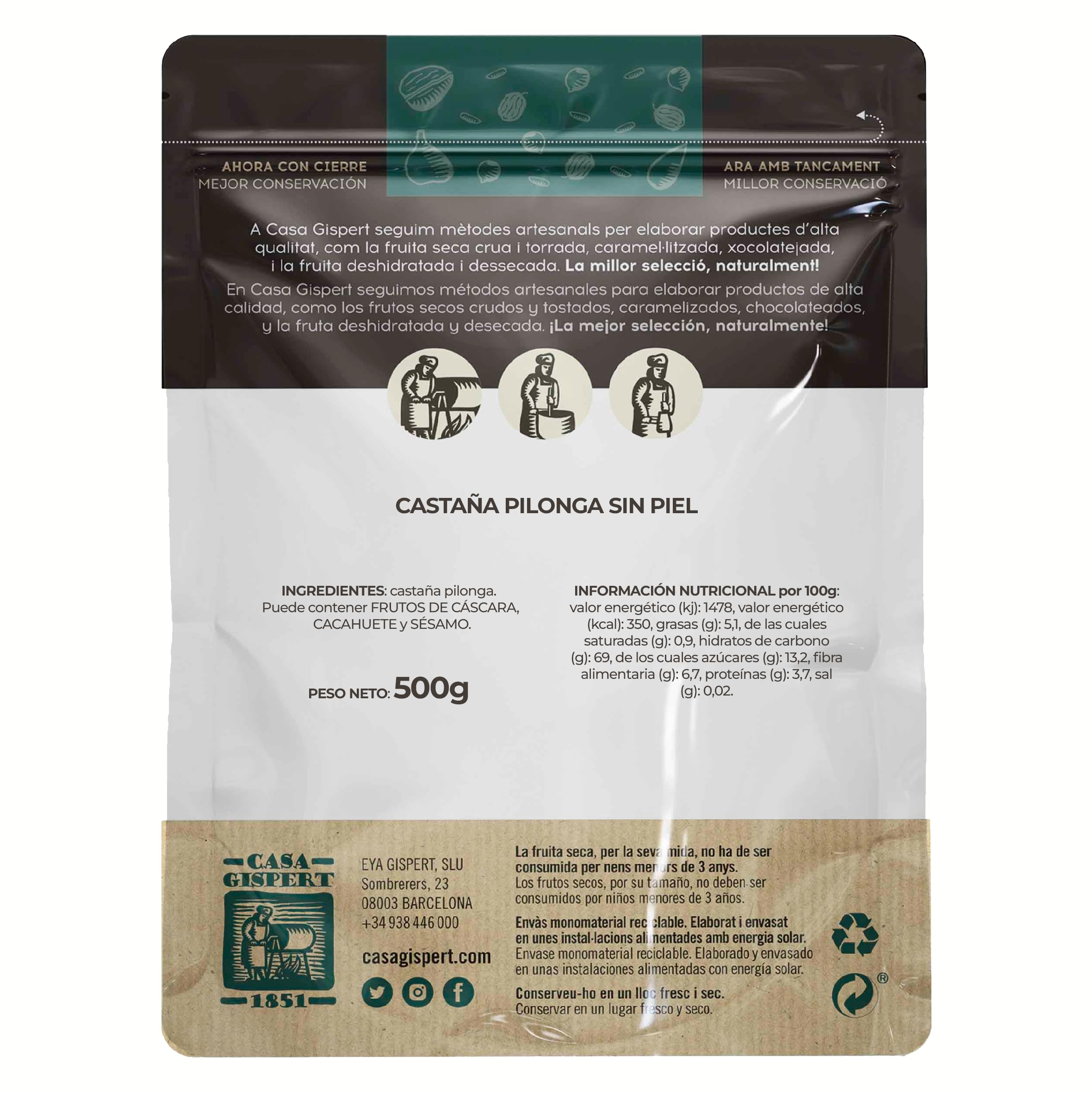 Casa Gispert - Castaña Pilonga Sin Piel - Sin Gluten, Vegano - 500 gr