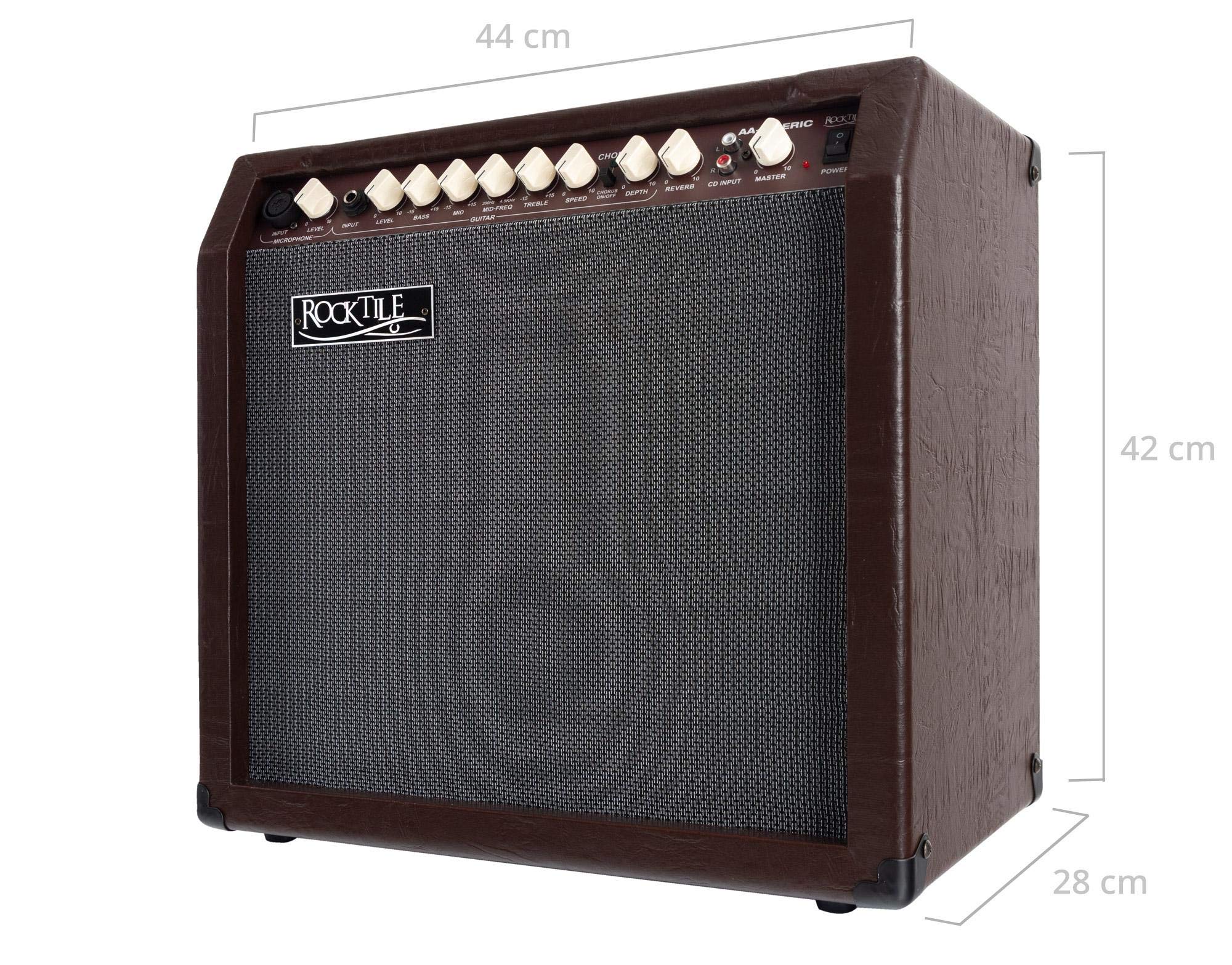 Rocktile AA-30 BN Eric Ampli Acoustique - 30 Watts - 2 Canaux (Micro et Guitare) - Haut-Parleur 10" + Tweeter 2,5" - Entrée AUX et Line Out - Effets Chorus et Reverb - Marron