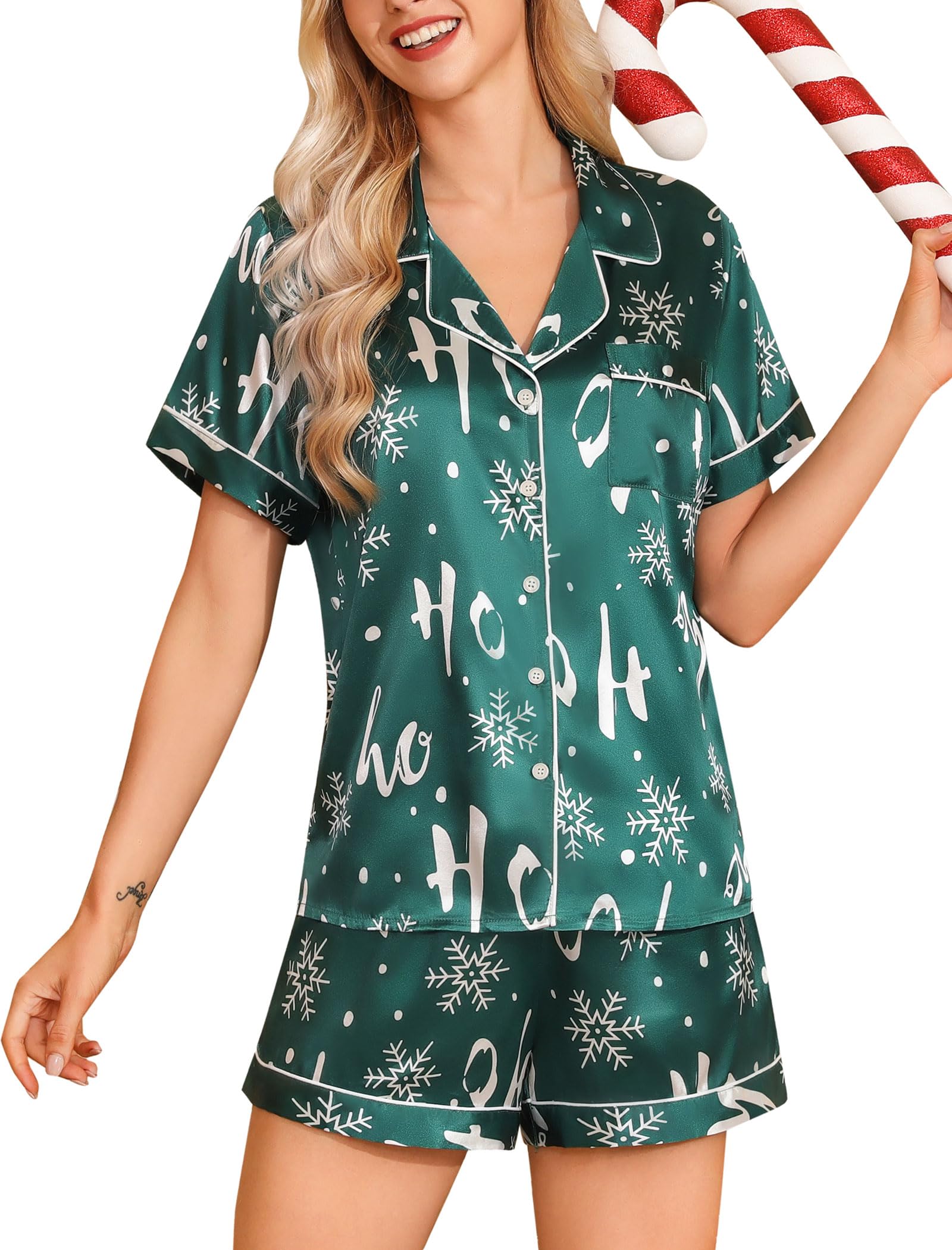 Senert Womens Silk Satin Pajamas Short Sleeve Button Down Pjs Set Sleepwear Two Piece Pjs Shorts Set with Pockets S-XXL