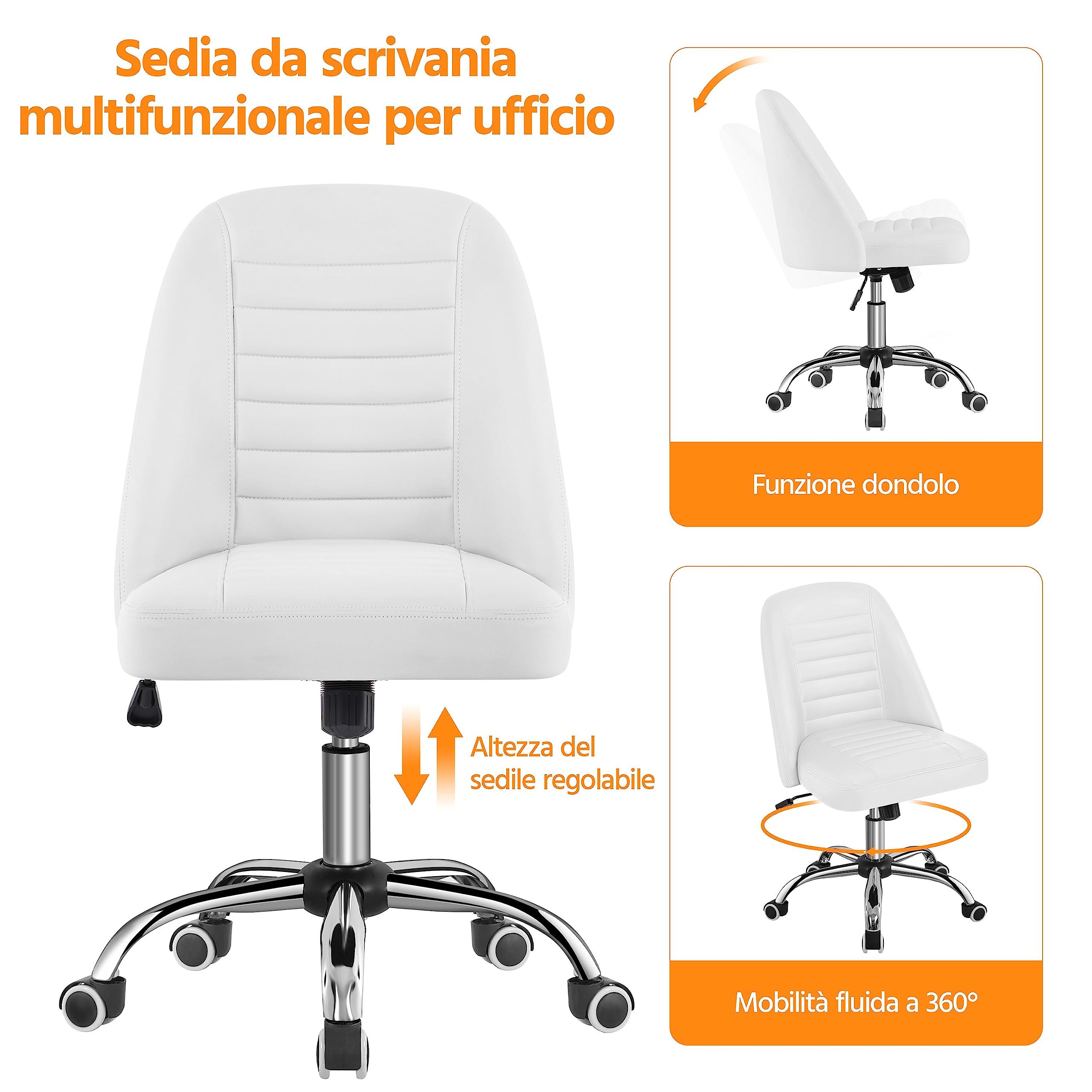Yaheetech Sedia Ufficio Scrivania Cameretta Bianca Senza Braccioli Ergonomica Reclinabile Imbottita in Finta Pelle con Rotelle Girevole Altezza Regolabile Portata 136 kg
