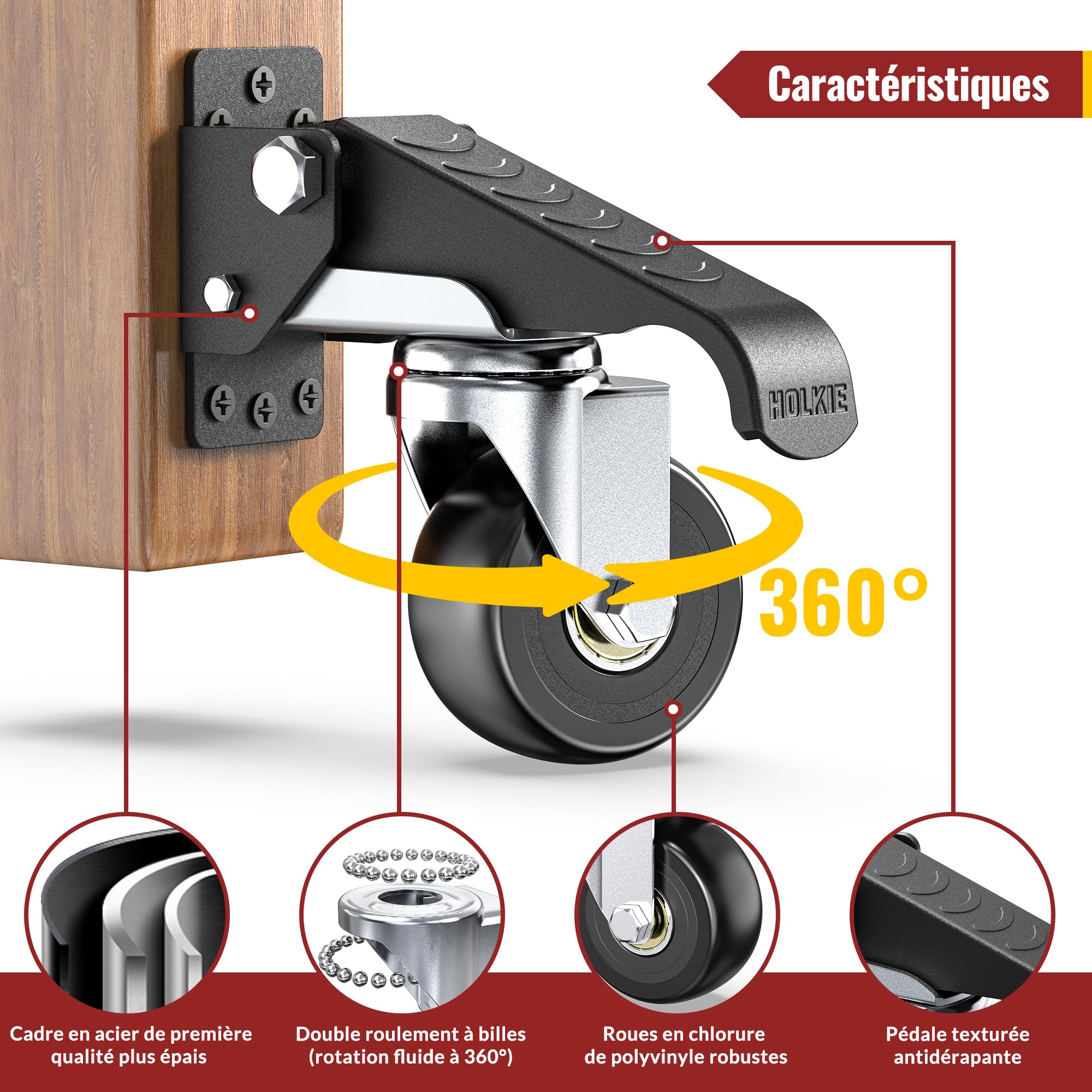 HOLKIE Roulettes amovibles Roulettes robustes avec fonction de déplacement et de retrait d'une charge maximale de 315 kg (4 roulettes) pour les postes de travail ou d'autres équipements