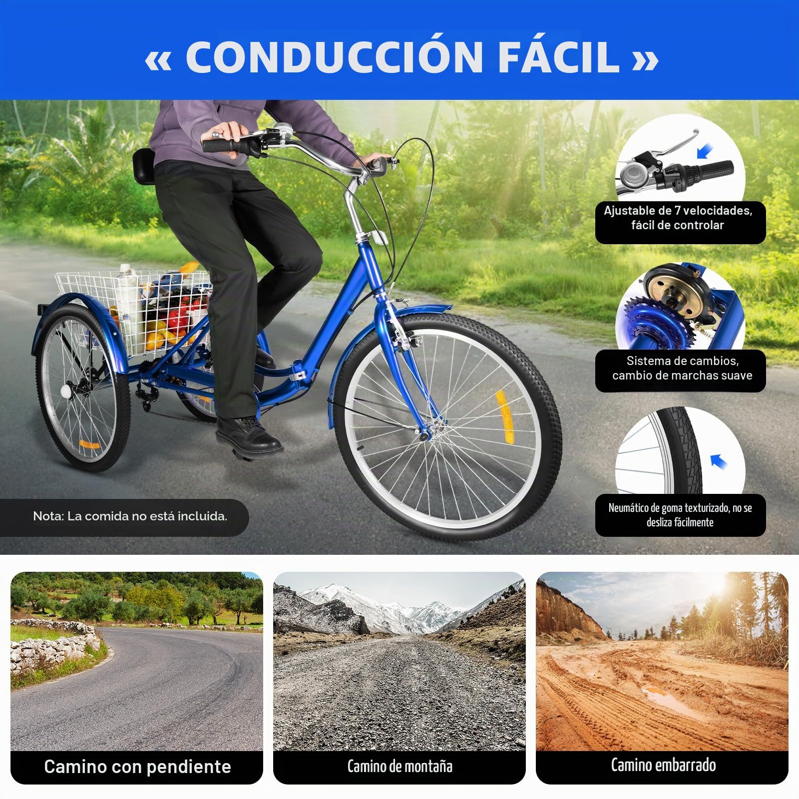 Triciclo de bicicleta plegable de 24 pulgadas, triciclo para adultos, bicicleta de 3 ruedas con cesta de la compra, para adultos, personas mayores, mujeres, hombres