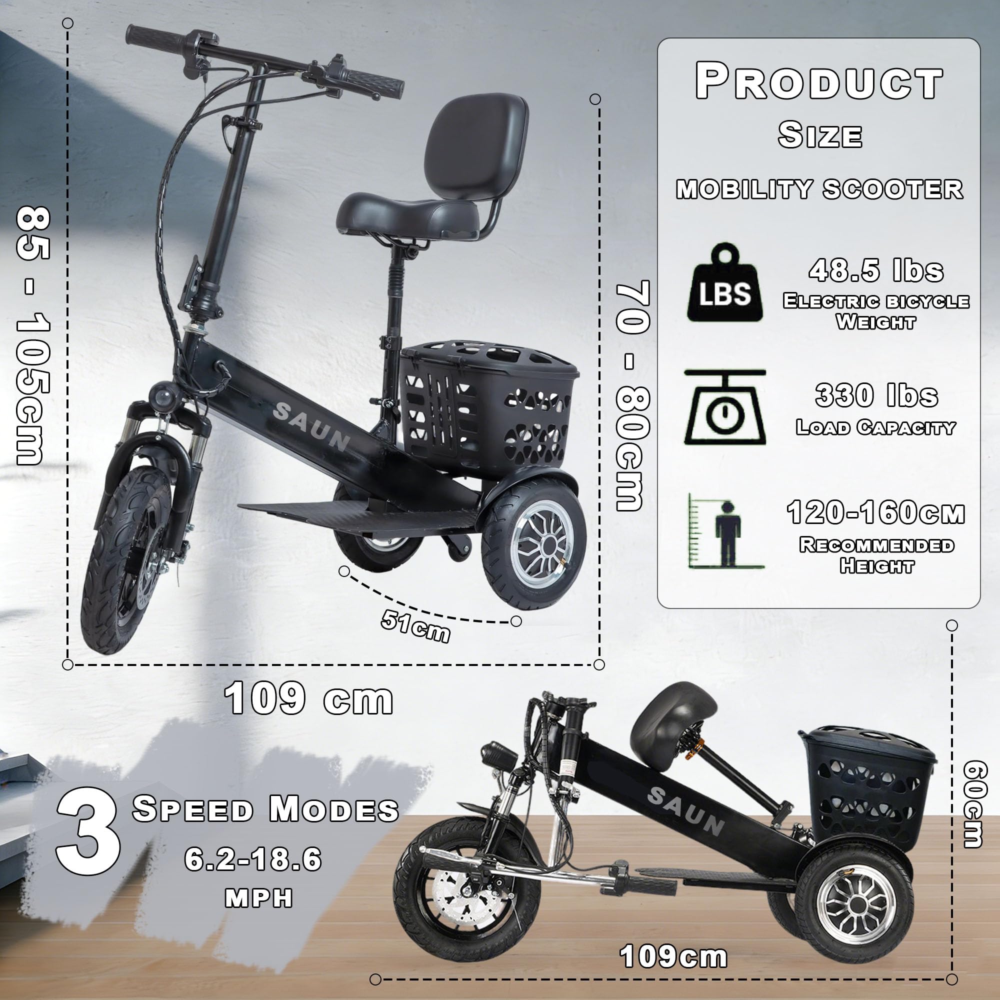 Scooter de movilidad plegable y ligero para adultos y personas mayores, soporta hasta 150 kg (330 lbs).