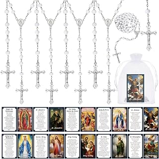 10 Sets Wooden White Bead Scented Rosary Cross Necklace with Saint Prayer Cards & Organza Bags, Bulk Rosaries Catholic Party Favors for First Communion, Baptism