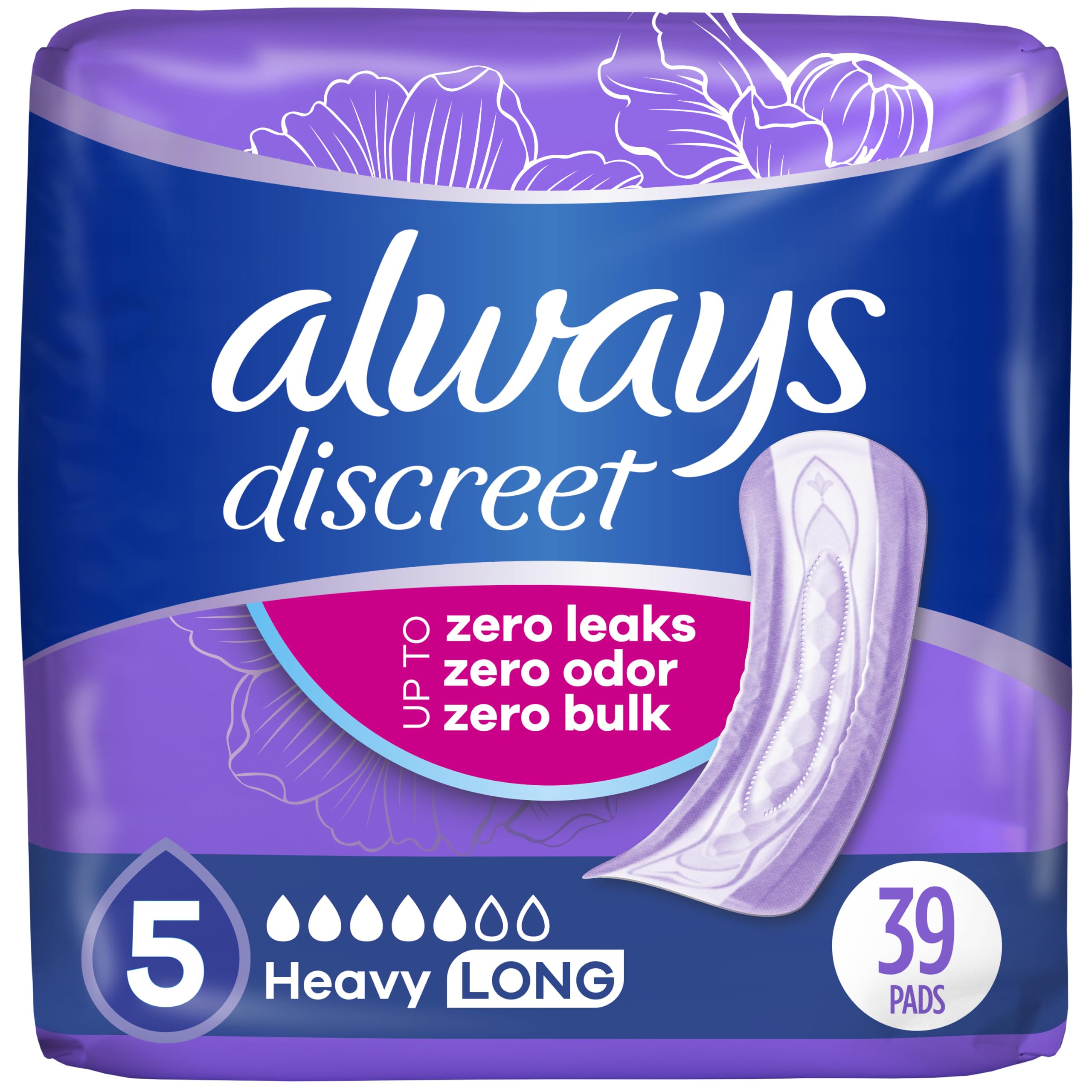 Always Discreet Adult Incontinence Pads for Women, Drier, 5 Drop Long Length, Heavy Absorbency, Pads for Bladder Control Management, Bladder Leaks, &amp; Postpartum Pads, 39ct