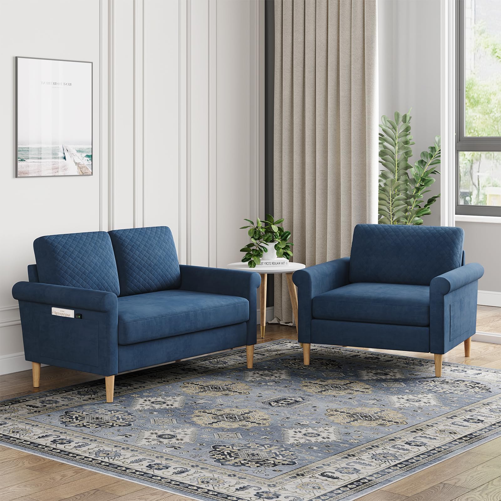 Vesgantti Sofá Pequeño de Tela de 2 Plazas, con Bolsillos de Almacenamiento en Ambos Lados - Mini Sofá Acolchado Salón u Oficina, Montaje sin Herramientas - 123 x 70 x 88 cm, Azul