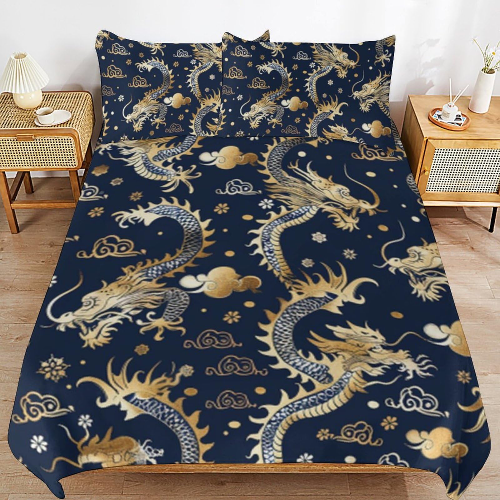 Parure de lit dragon en microfibre avec housse de couette et taie 80x80