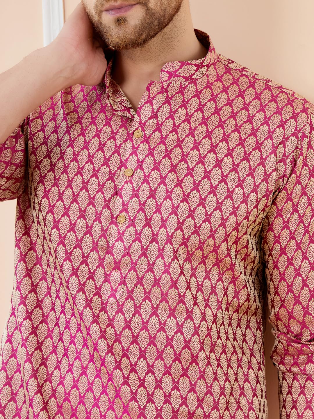 See Designs Men Long Sleeve Side Slit Mandarin Collar Pink Ethnic Motifs Silk Jacquard Woven Design Straight Kurta - Bnrskt724Xl