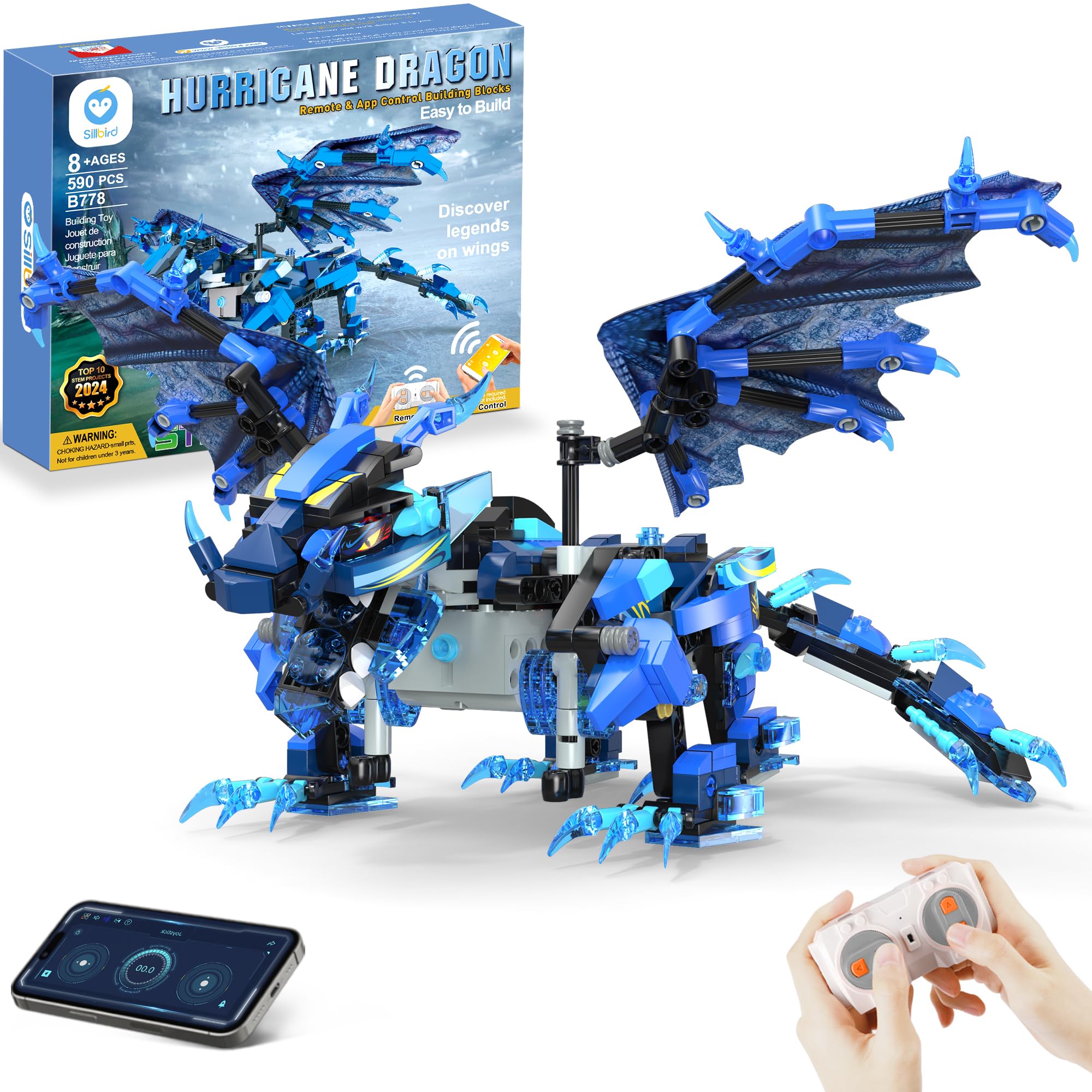 Sillbird Dragon Building Kit with Remote Control Christmas Stem Gifts for Kids Boys Ages 8-12, Technic Buildable 3in1 Models Coding Toys for Birthday with 590 Pieces