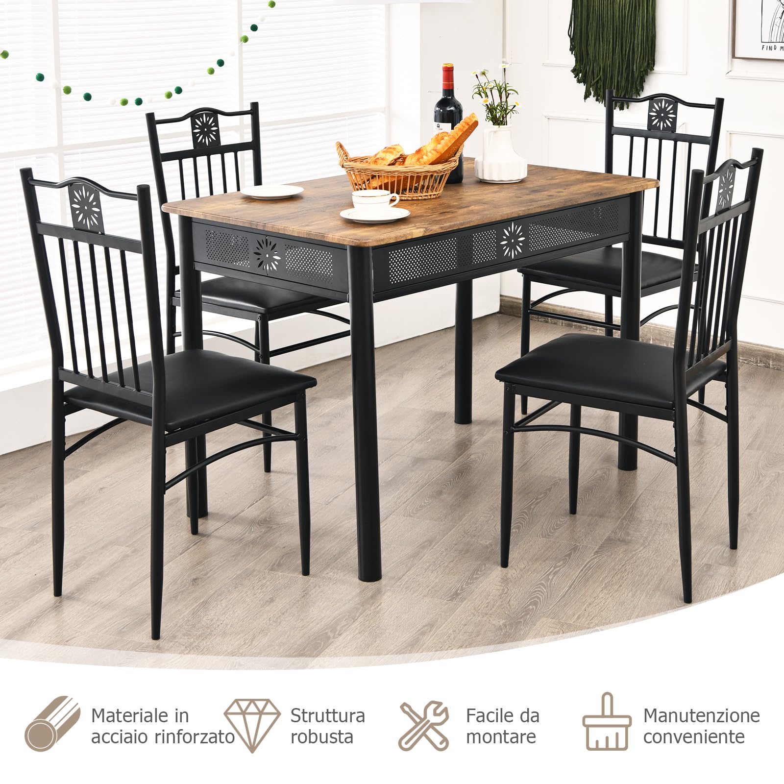 RELAX4LIFE Set Tavolo e 4 Sedie da Cucina, 5 Pezzi, per 4 Persone, Tavolo Rettangolare : 110 x 70x 76 cm, 4 Sedie Imobottite con Schienali: 41 cm x 47 cm x 93 cm，Per Bar, Cucina, Soggiorno (Nero)