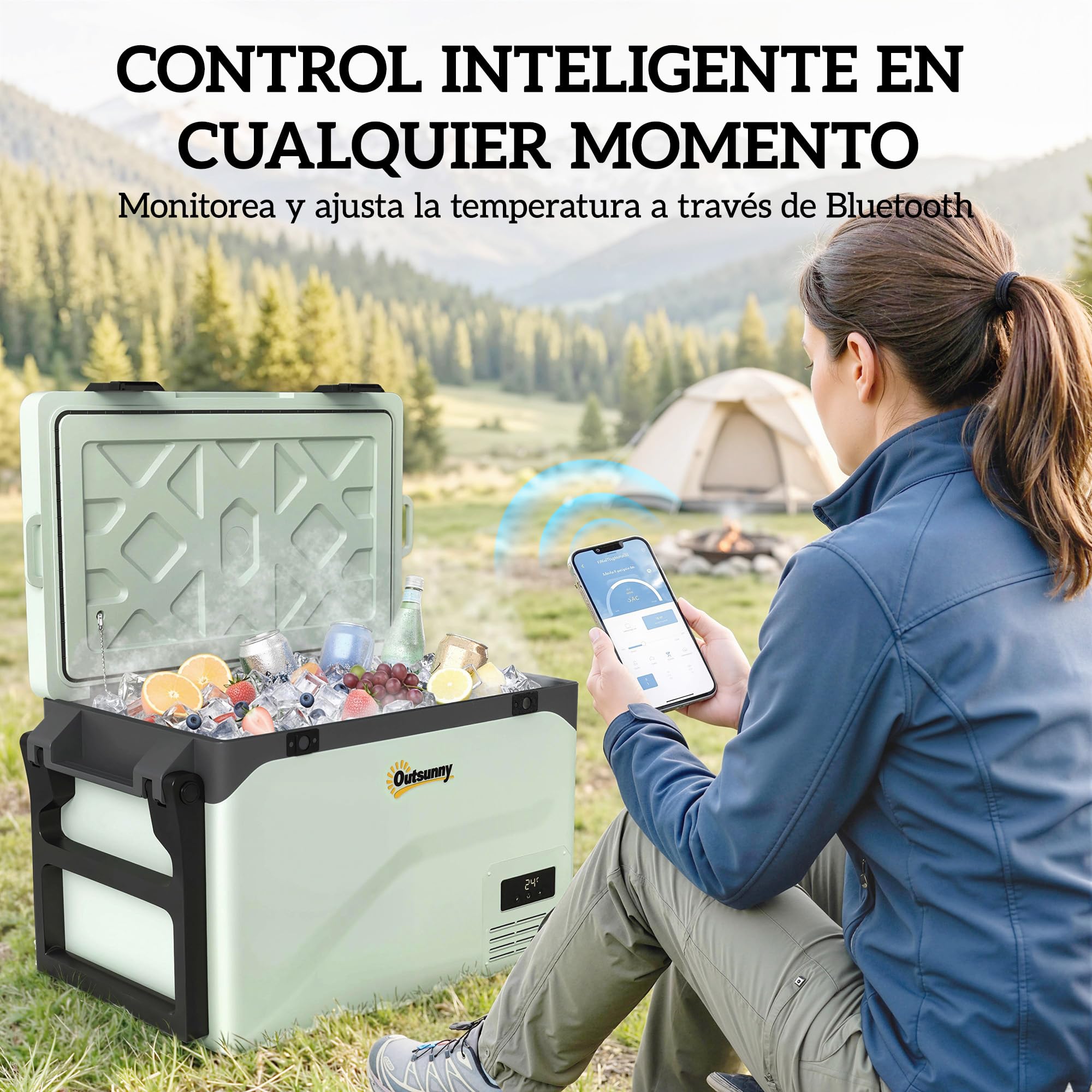 Outsunny Nevera Portátil Eléctrica 42,5L 12/24/240V Refrigerador de Coche con Compresor Control por App Bluetooth Luz LED Pantalla Modos ECO y MAX -20℃ a +20 ℃ Asa Barra Soporte Móvil Ruedas para Casa