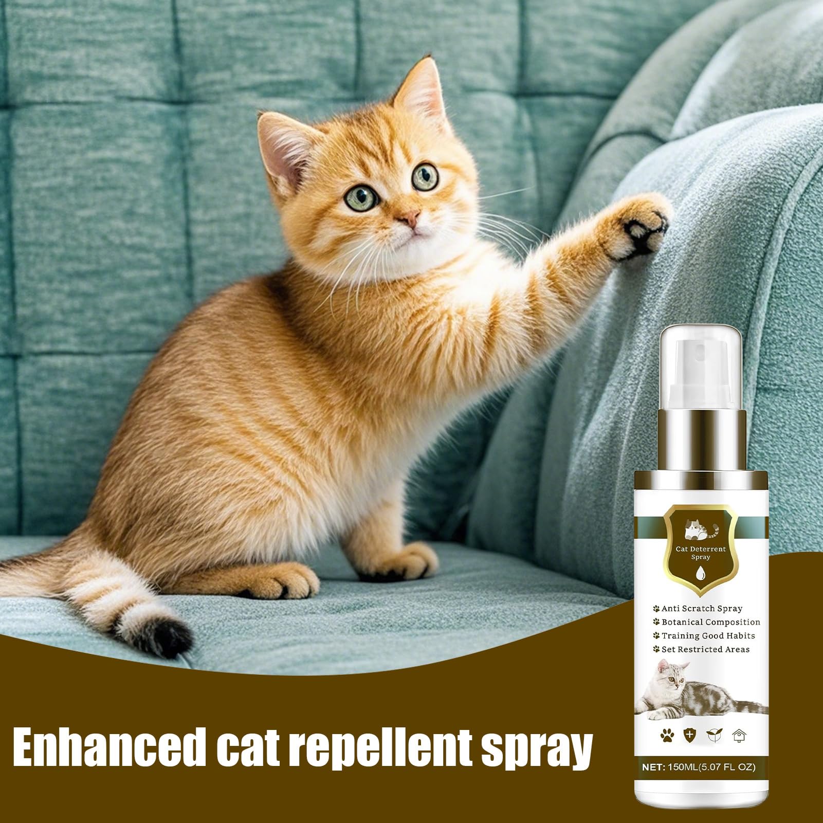 Spray Antigatos | 150ml Seguro Natural Antiarañazos - Control Interior Felino,Protege Neumáticos Sofás Alfombras Césped Patio Balcón Terraza Piscina