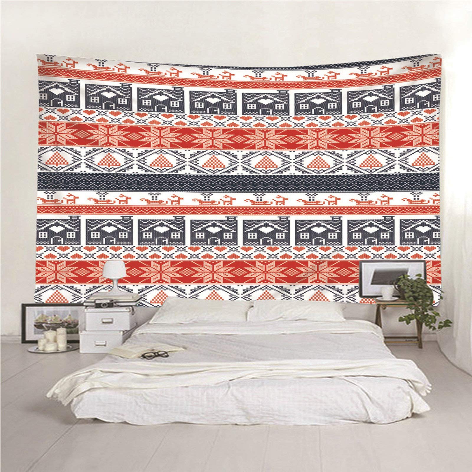 KnSam Dywan na ścianę, gobelin, ozdoba na ścianę, do salonu, dekoracja domowa, z poliestru, retro kwiaty i dom czerwony 350 x 256 cm