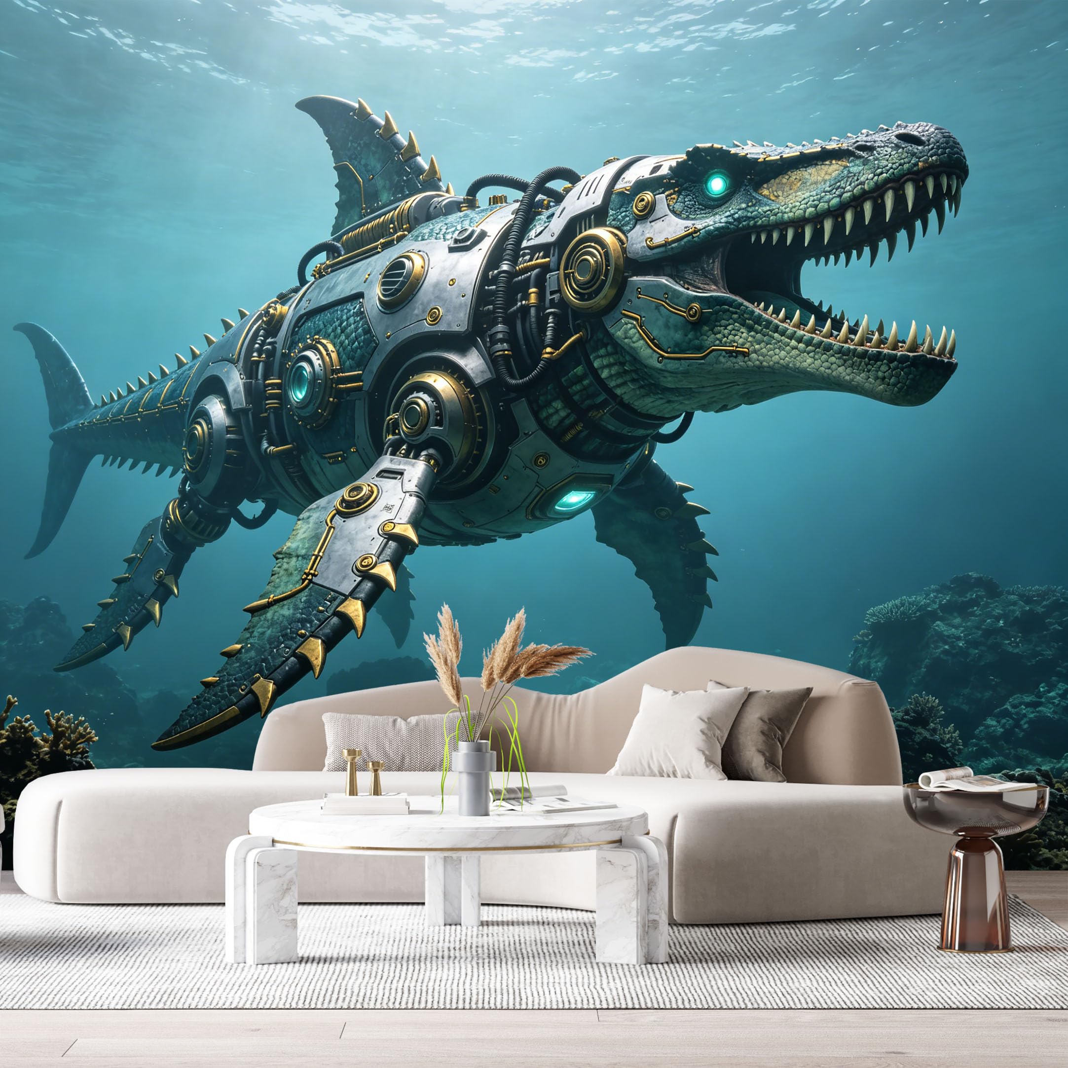 Custom Size Wall Mural Mechanical Aquatic Predator Mech Cyber Ocean Beast Futuristic Underwater Robot SciFi Style SelfAdhesive Art Prints Removable Large Wallpaper Esports Game Room Studio