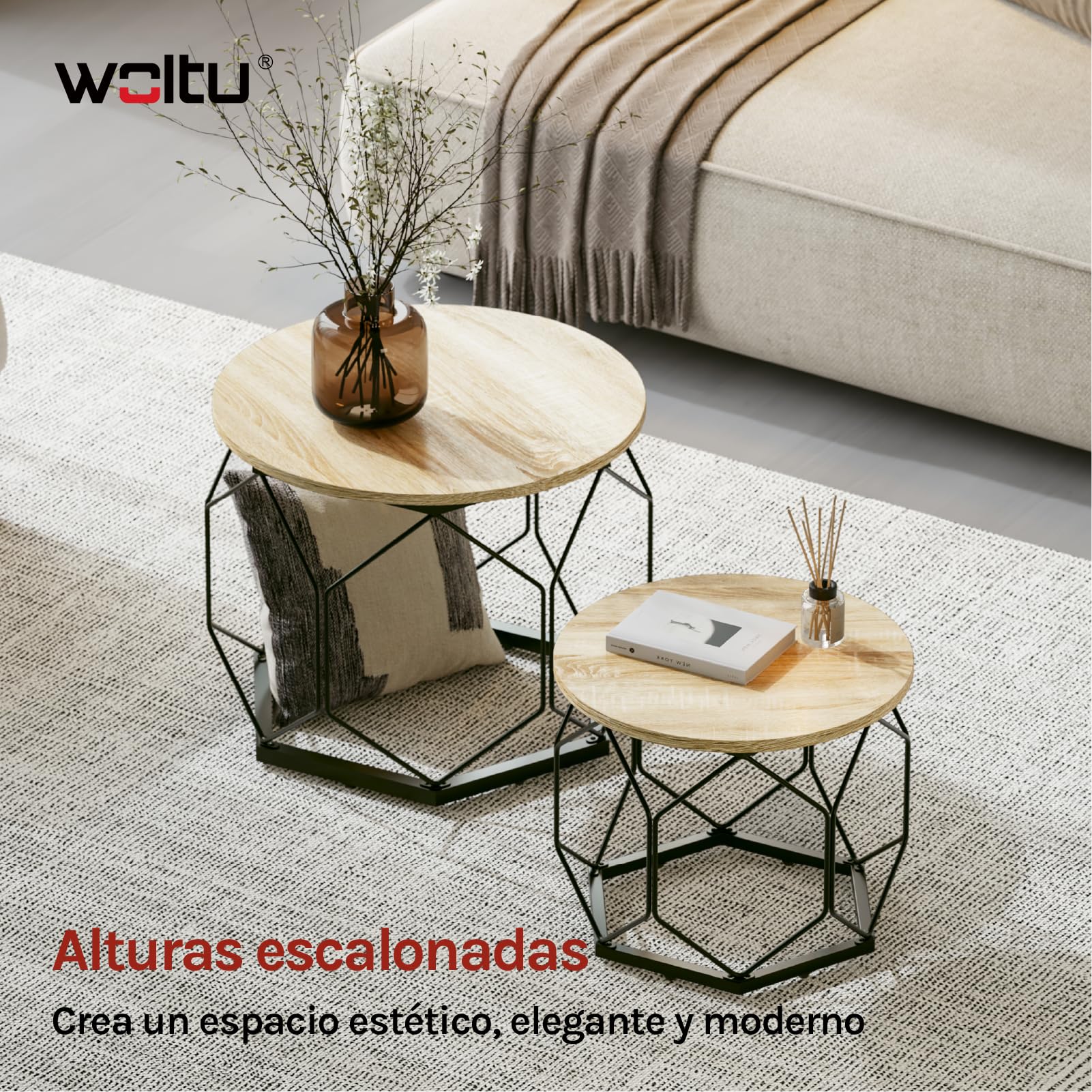 WOLTU Juego de 2 Mesitas de Cafe, Auxiliar con Tablero Redondo, Mesa Centro en Estructura Metálica, Ideal para Salon y Dormitorio, Roble Claro+Negro, BTS05hei