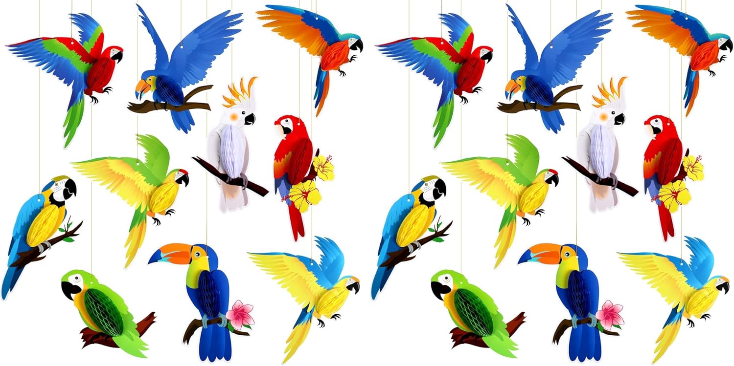 Blulu 10 Pieces Tropical Birds Honeycomb Paper Cutouts, Parrot Honeycomb, Hawaiian Summer Beach Luau Party Hanging Decorations for Tiki Bar Luau Summer Party Home Classroom Supplies