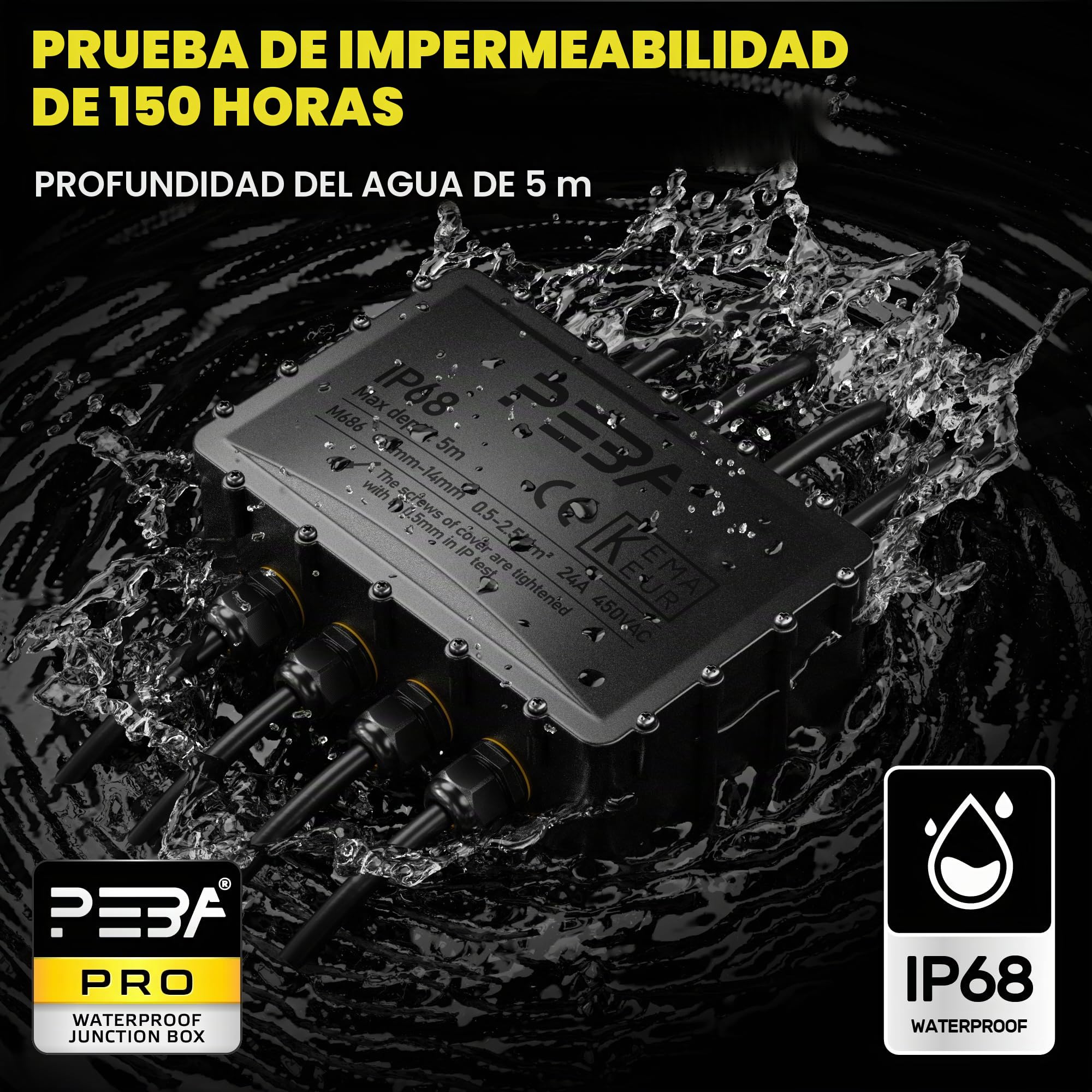 PEBA® Cajas de Conexiones Impermeables IP68, Conector de cable estanco,Caja de conexiones de conector de cable Exterior Extragrande de 8 vías, Apto para cables Ø4-14 mm Caja Conexiones Negro