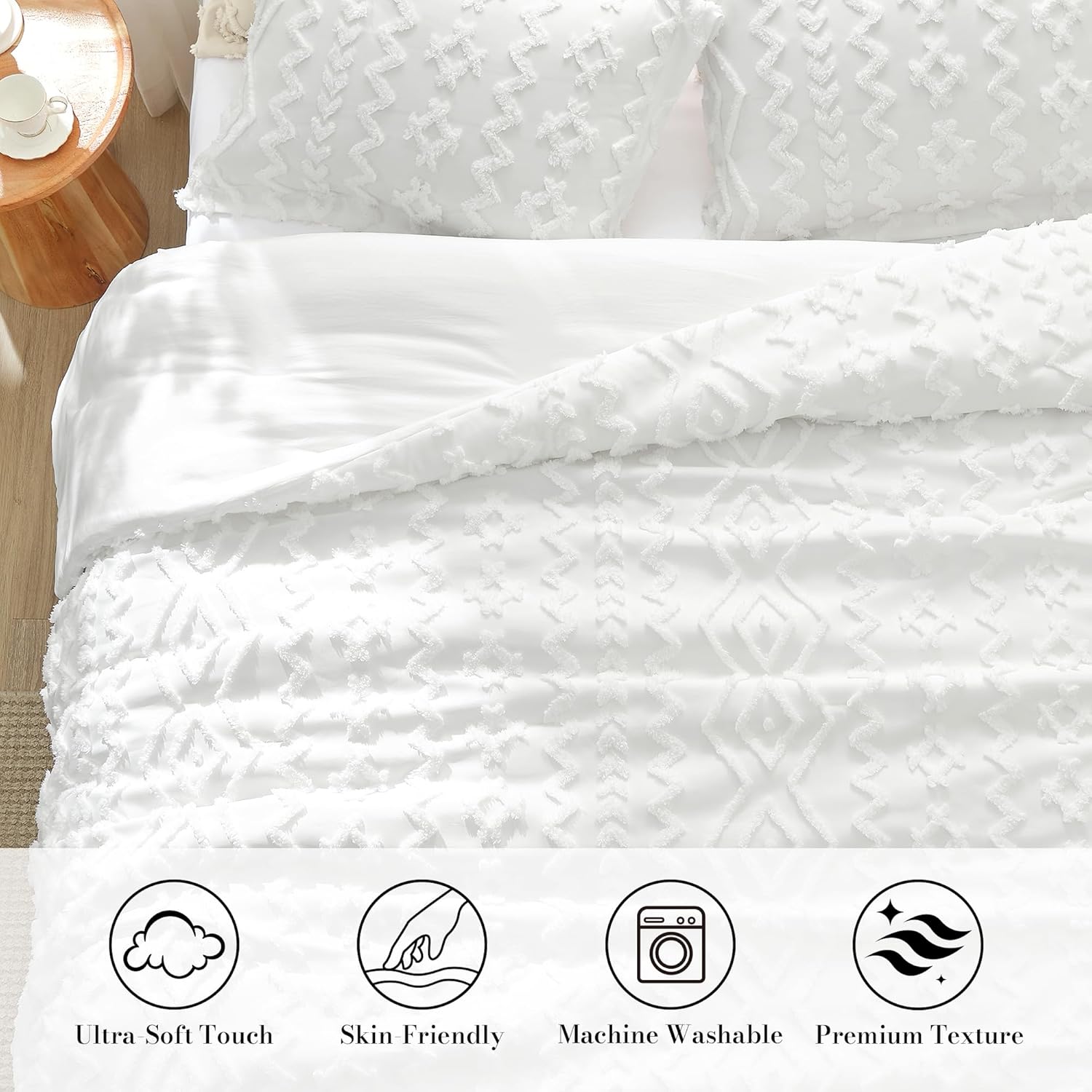 Amélie Home Boho Comforter Set Queen Size, 3 Piece White Boho Bedding Set, Rustic Farmhouse Luxury Gift for Women Home Decor, Soft Cozy Diamond Comforter for All Seasons - Image 2