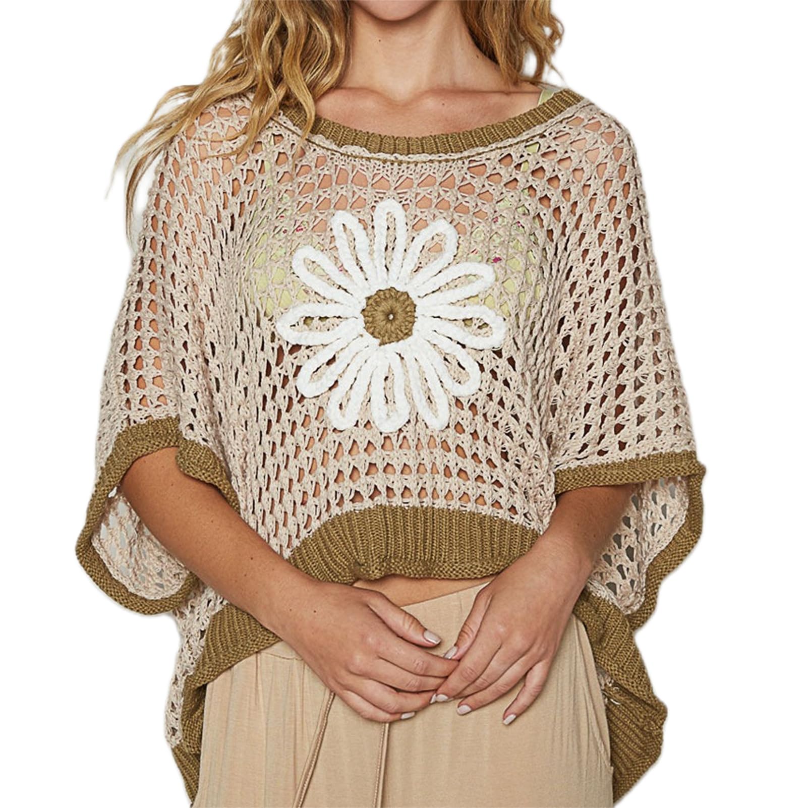 Women Daisy Knit Crochet Sweater Half Sleeve Hollow Out Oversized Pullover Jumper Top Summer Beach Cover Up