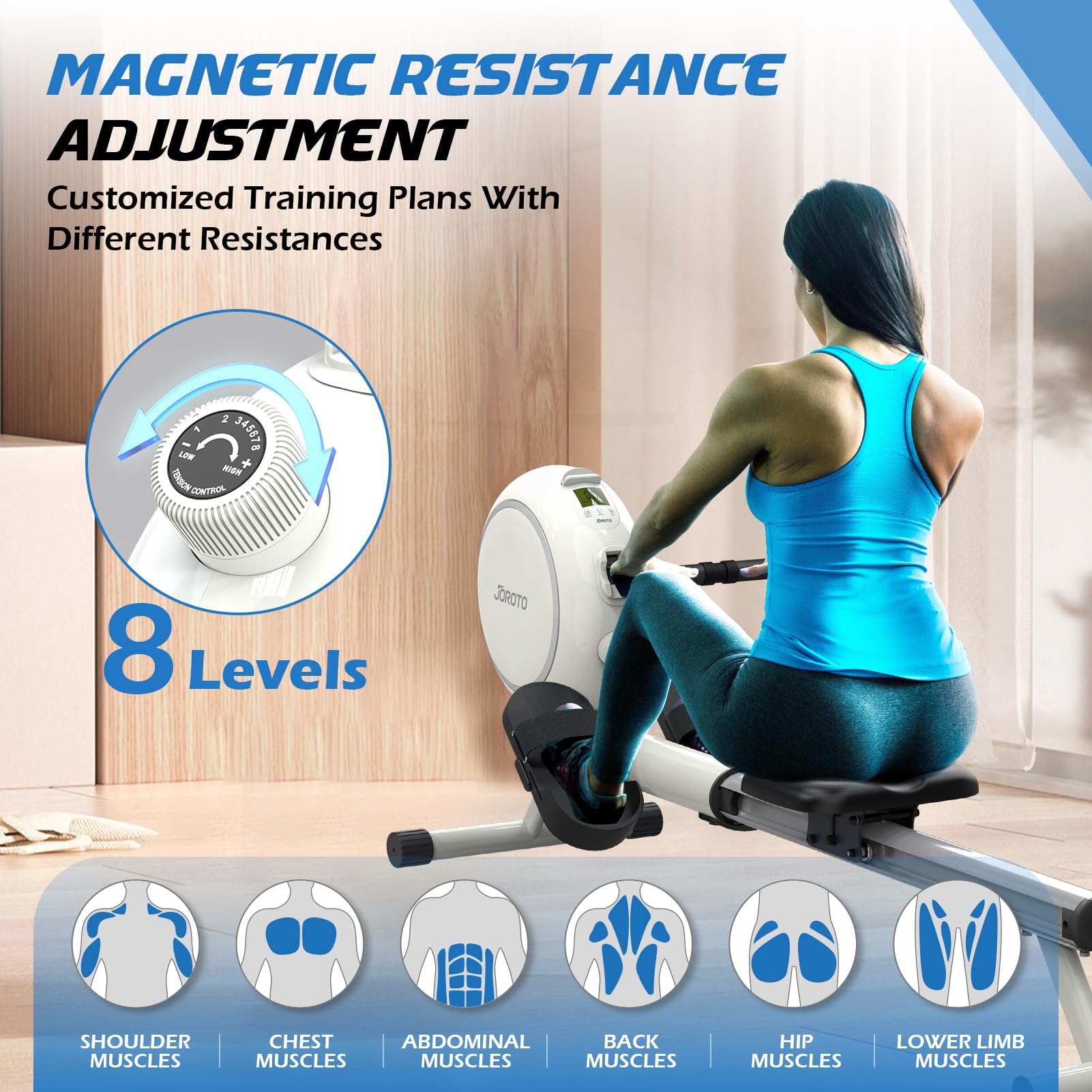 JOROTO Maquina de Remo para Casa, Resistencia Magnética, Riel Retráctil de Aluminio, Capacidad Máxima 140 KG con Función Bluetooth, Remo Fitness Silenciosa para Uso Doméstico