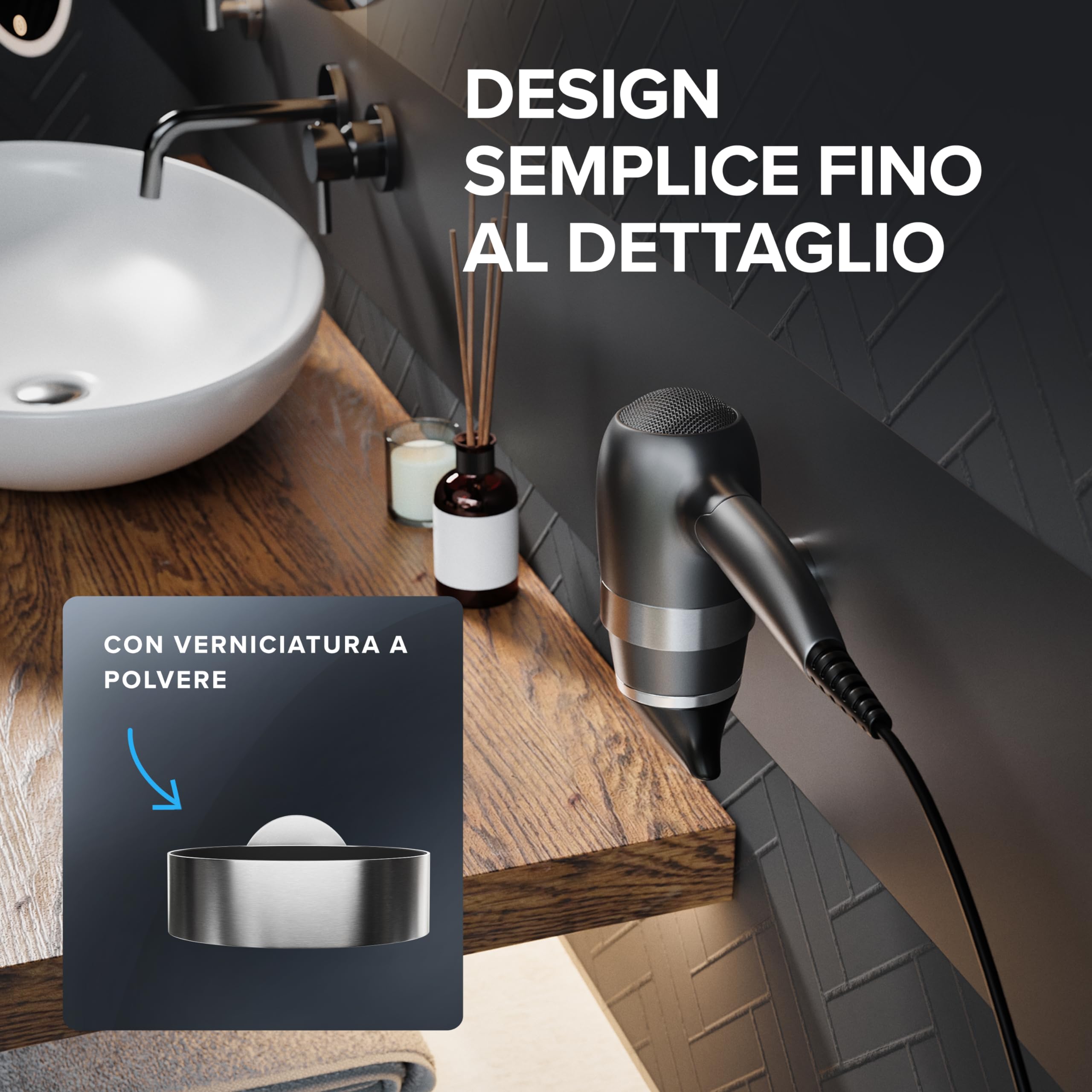 ovimar Porta asciugacapelli Ronne | Acciaio Inox | Argento | con Fissaggio a Parete per Foratura | con Imbottitura per asciugacapelli | per Foratura | Porta asciugacapelli in Bagno