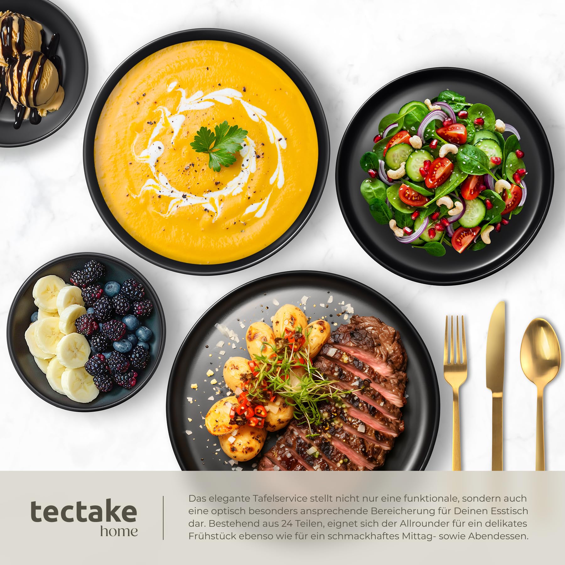 tectake® 41-tlg. Küchenstarterset, Steingut Geschirrset 6 Personen, Teller Set, 2x Kochtopf, 4x Bratpfanne mit Deckel, rostfrei, abnehmbare Griffe, induktionsgeeignet, inkl. Topfschoner - schwarz