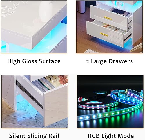 Miniatura 7 de Mesita de noche LED con estación de carga, moderna mesita de noche blanca con luz de sensor corporal, mesita de noche con 2 cajones de