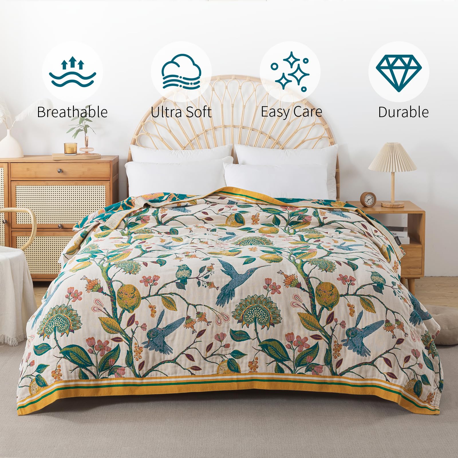 Coperta per letto, 100% cotone, ultra morbida, rustica, con motivo
