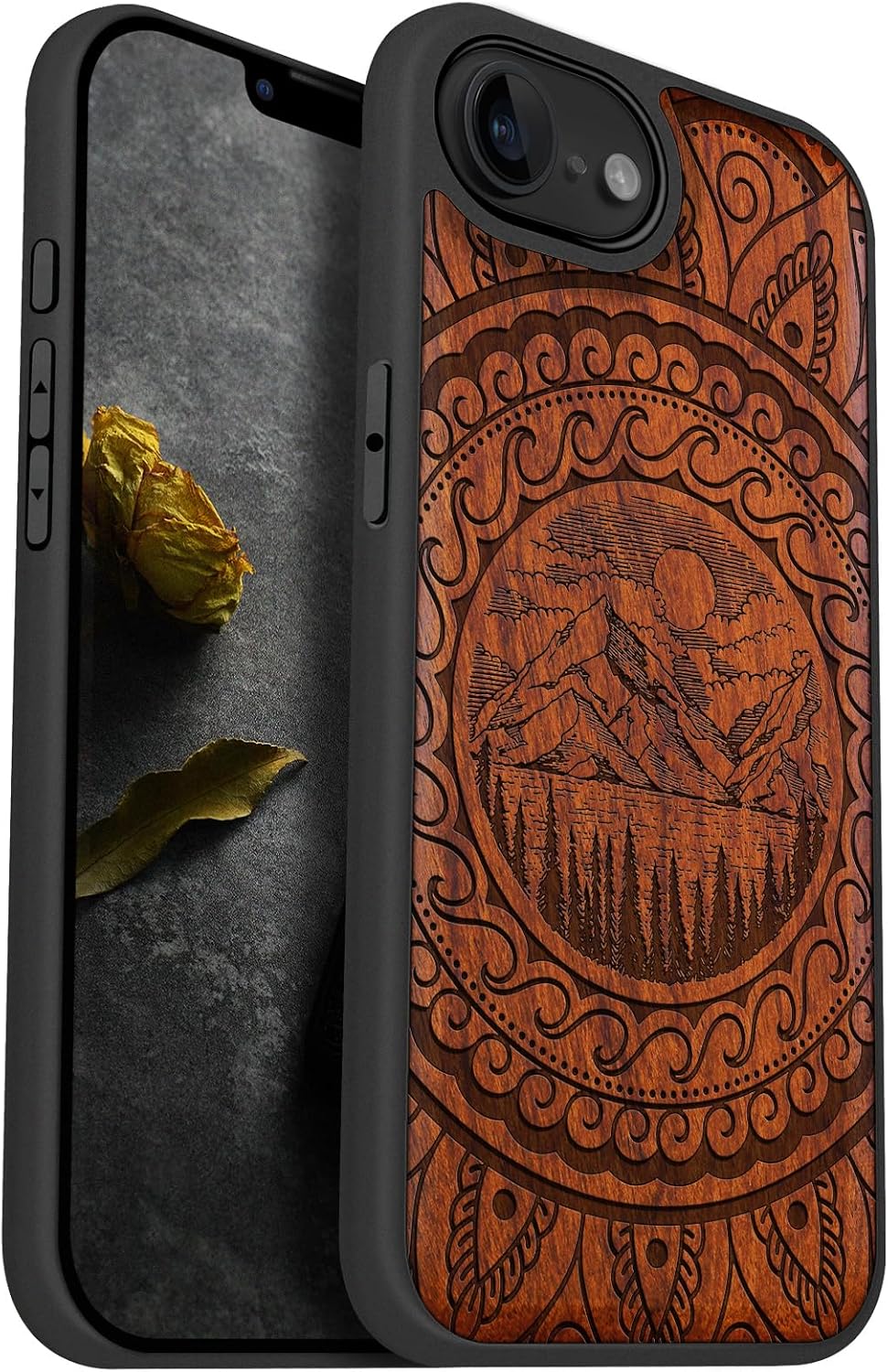 Carveit Magnetic Wooden Case for iPhone 16e / 17e, Solid Wood & Black TPU, Artisan Engraved Design, Shockproof Cover, Compatible with MagSafe Wireless Chargers, Paisley and Nature in Harmony - Rosy