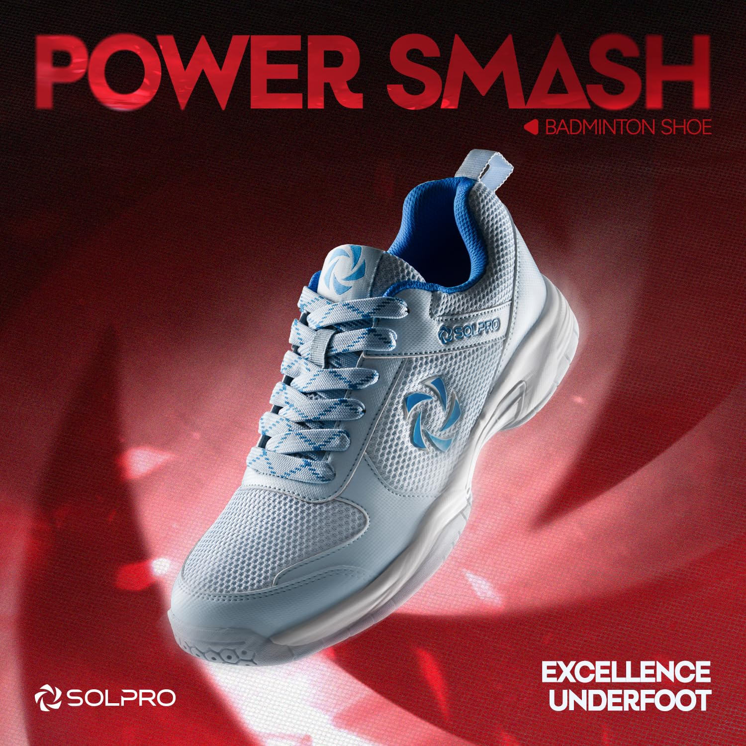 SOLPRO Power Smash Badminton Shoes | Flex Support Outsole | Court Grip | Shock Absorbing Cushion | Breathable Mesh Upper | Stability Ridges (Lt Blue/Blue)