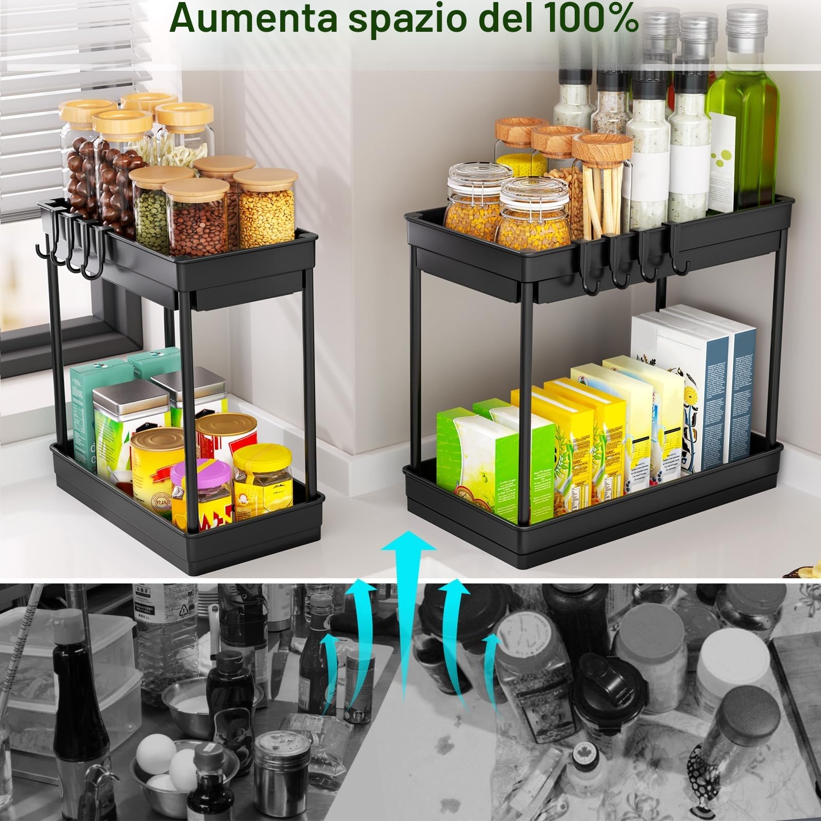 PurKeep Confezione da 2 contenitori da mettere sotto il lavello, 2 ripiani, per la cucina, per riporre e organizzare l'armadio, sotto il lavandino, con ganci, per il piano di lavoro del bagno e della