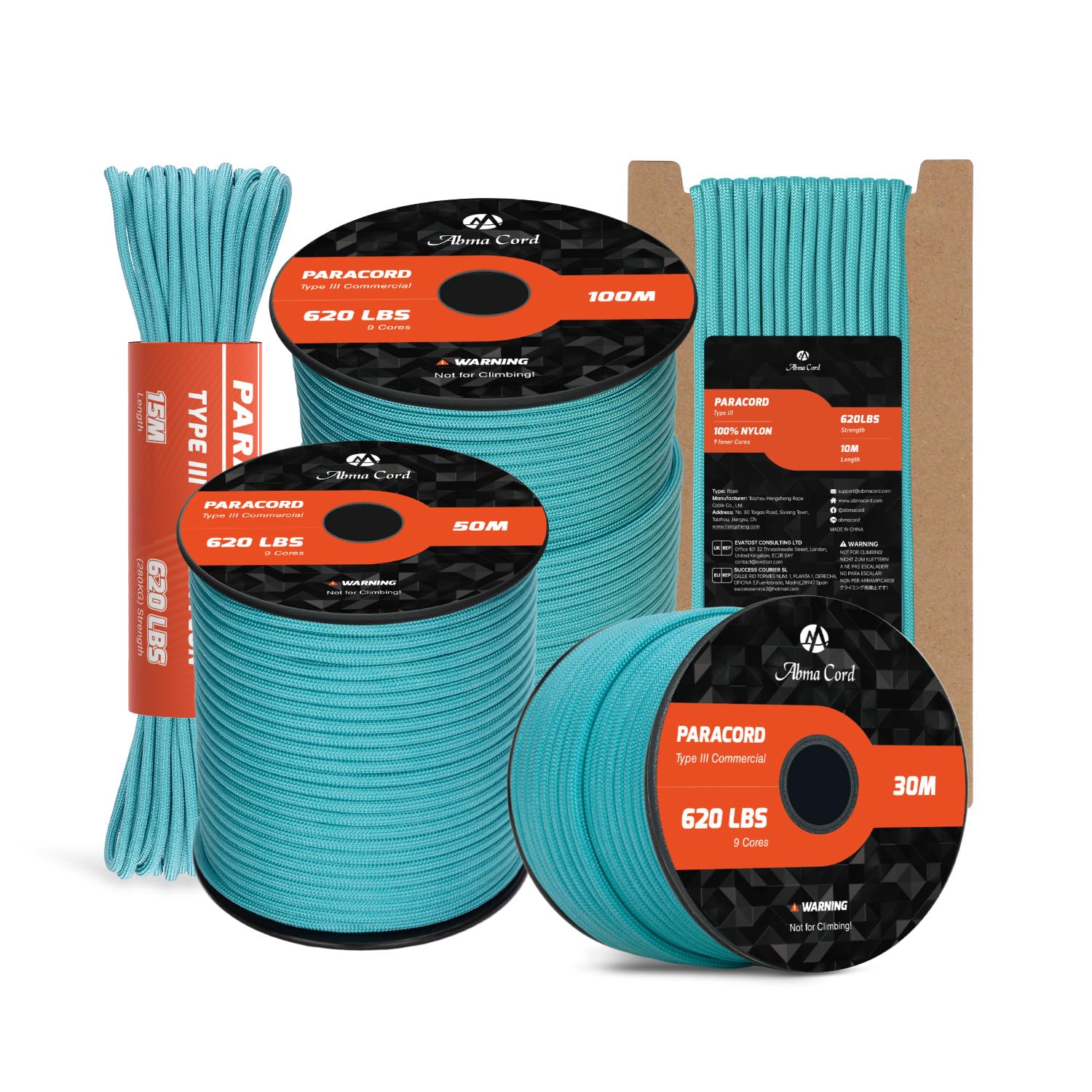 Abma Cord Turquoise Paracord 4Mm 10M 100% Nylon Rope 9 Strands Type Iii Parachute Cord For Diy, Camping, Survival, Outdoor - Max. 280Kg