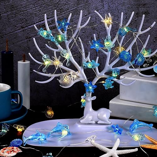 Miniatura 5 de Zhanmai 2 piezas de luces de cadena para decoración marina temática náutica de conchas y caballitos de mar para dormitorio, 10 pies, 30 luces LED,