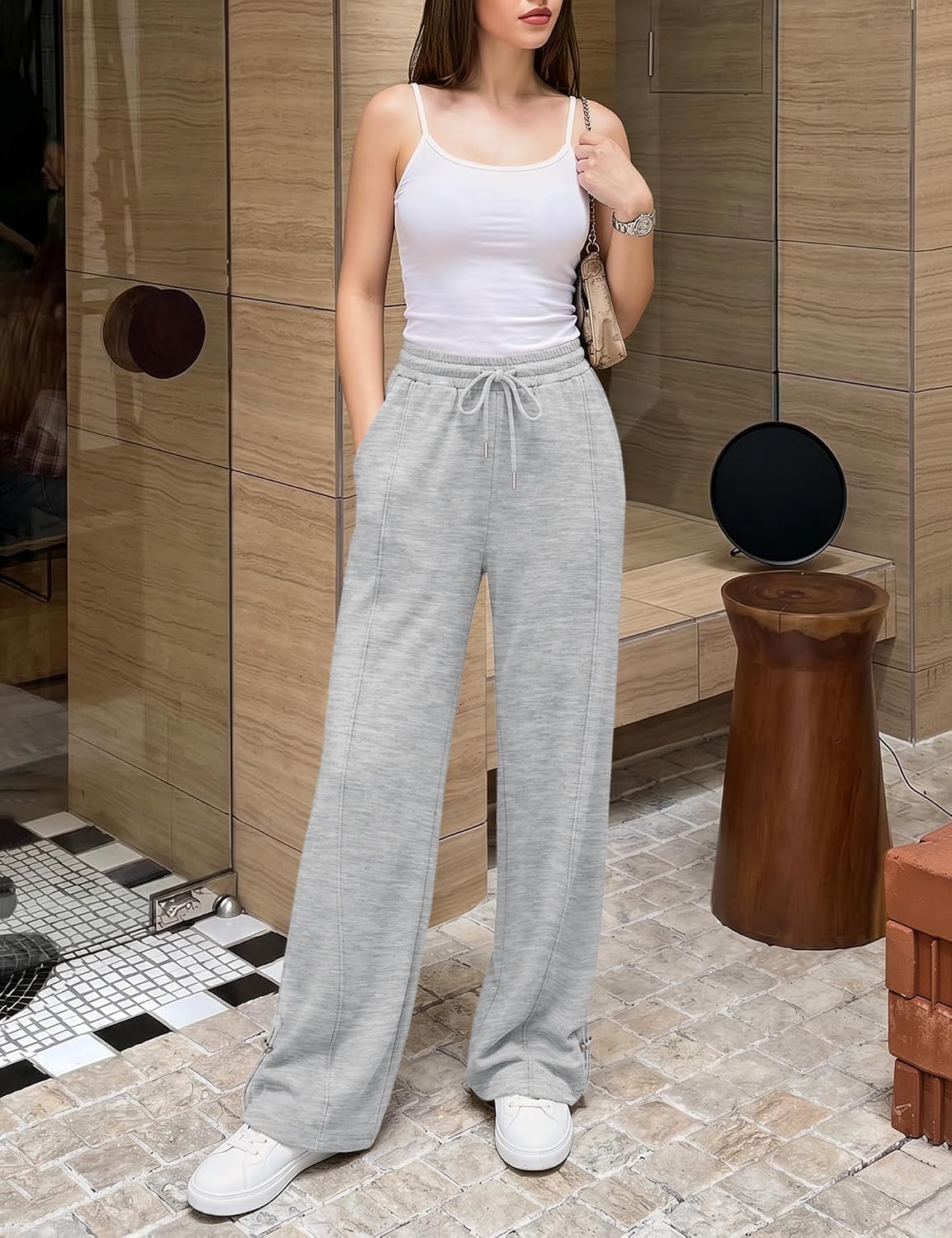 Rapbin Womens Wide Leg Pants Elastic Waisted Sweatpants with Pocket | Adjustable Ankle Drawstring Cuffs Baggy Pant Casual Joggers