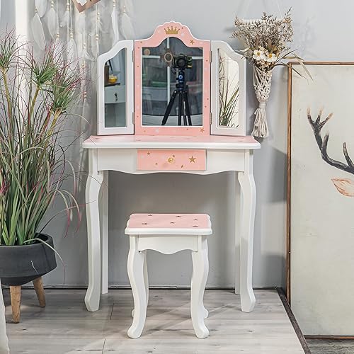 GAOMON Tocador para niños, mesa de tocador para niñas con espejo, taburete y cajón, 2 en 1 de madera de princesa, tocador para niños, juego de