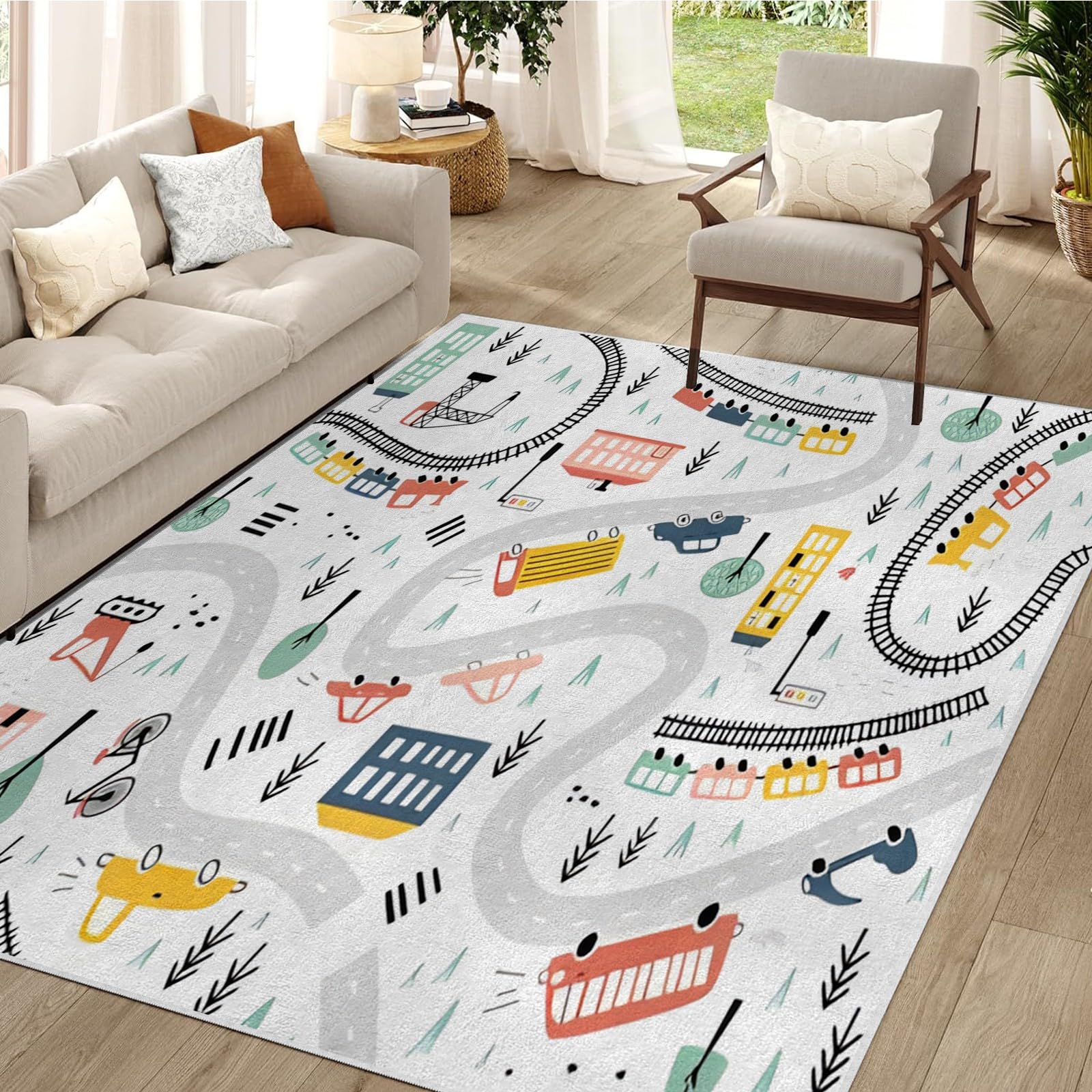dyausi Cartoon Car Rug 40x60cm, Train Track Road Small Rugs for Bedroom Entrance Bathroom, House Trees Map Area Rugs Room Decor, Non Slip Washable Rug Door Mats, Soft Low Pile Indoor Front Floor Mats