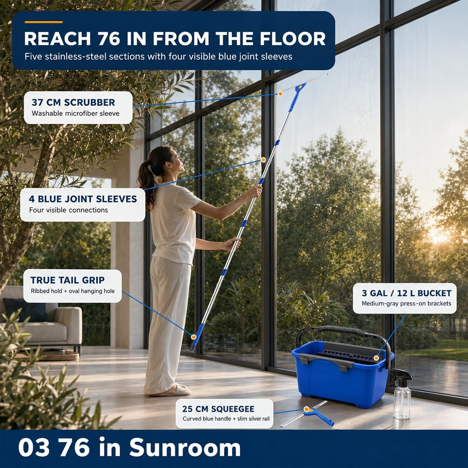 Window Cleaning Kit with 3 Gallon Bucket, 76" Extendable Window Squeegee and Microfiber Scrubber, Complete Window Washing Tools with Spray Bottle, Brush, Cloth and Funnel for Home and Commercial Use