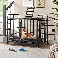 Lauren&Harold 42 Inch Heavy Duty Dog Crate for Medium/Small Dogs, Metal Dog Kennel Indoor with Top Door&Feed Door, Easy-to-Clean Dog Cage with Removable Tray&Wheels, Medium Dog crates Furniture