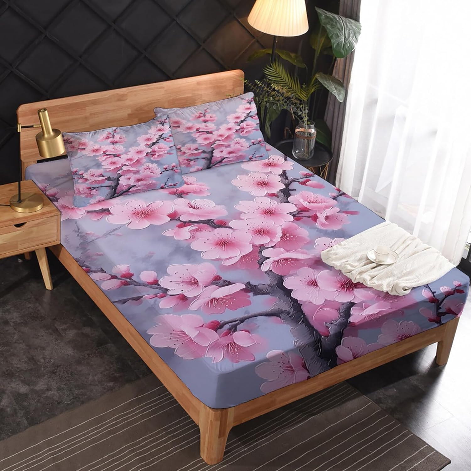 Cherry Blossom Sheets Twin XL Sheet Sets - Pink Bed Sheets, Soft Microfiber & Deep Pocket & Wrinkle Free Patterned Bedding Sheets & Pillowcases, 1 Fitted Sheet, 1 Flat Sheet, 1 Pillow Case