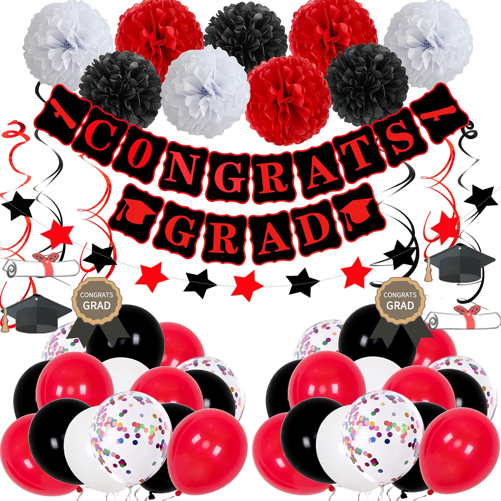 Graduation Decorations, Red Black Graduation Party Decorations 2021 CONGRATS GRAD Banner Paper Pompoms Hanging Swirls Balloons Graduation Decor Supplies for High School College Photo Backdrop