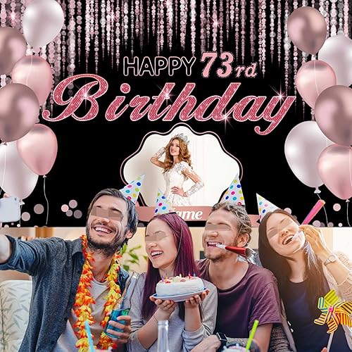 Miniatura 6 de Cartel de decoración de feliz cumpleaños número 73 de oro rosa personalizado  Tamaño grande, personalización con nombre y foto compatible