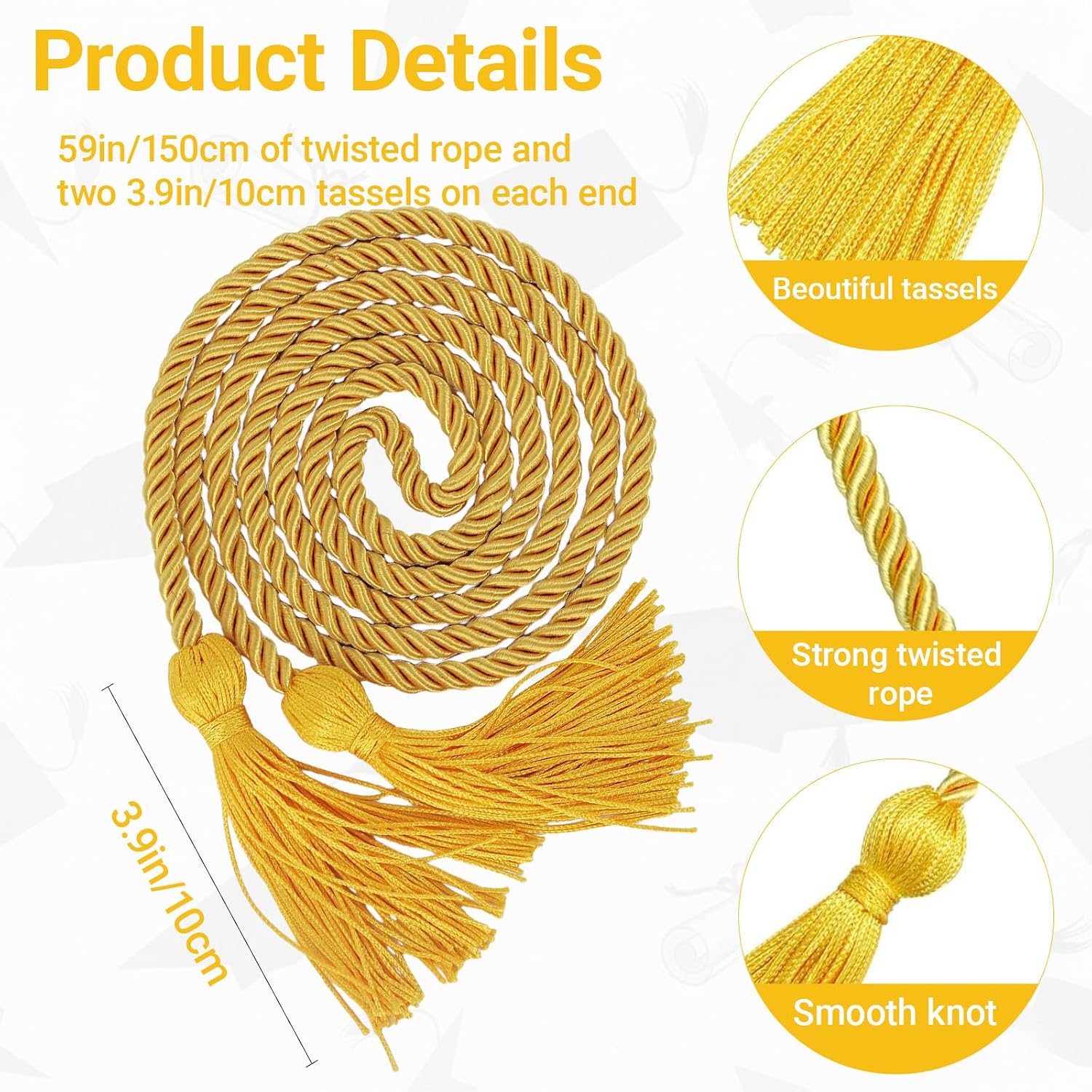 Graduation Honor Cords 12 Pack - 67 Inch Hand-Twisted Braided Tassel Rope, Clear Academic Recognition Display, Bulk Set for Schools, Honor Societies & Ceremony Events (Yellow)