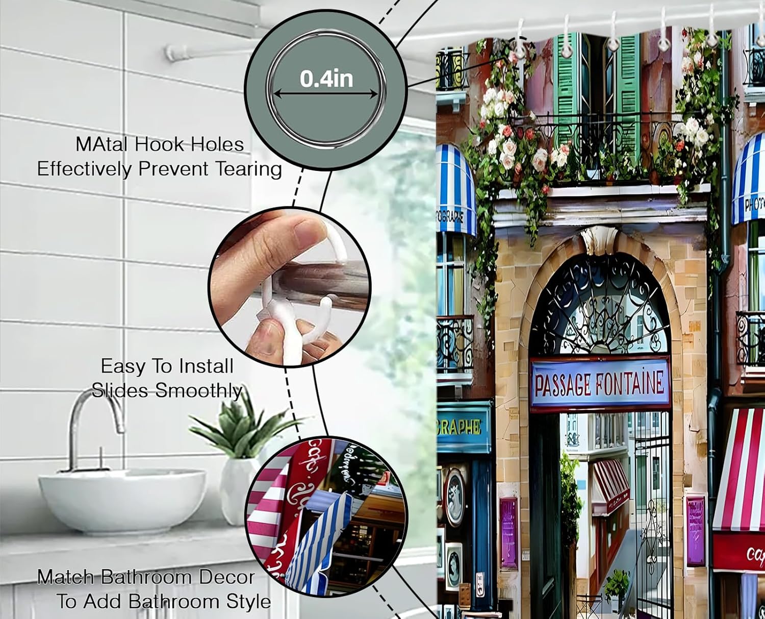 GCTNBJL Cafe de Paris Shower Curtain Vintage Painted France Street Cafe European Building French Shops Modern Bathroom Decor Fabric Curtain with Hooks