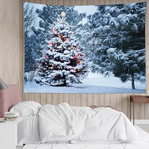 LB Tapiz de árbol de Navidad, escena de invierno, bosque de pinos de Navidad, tapiz de pared cubierto de nieve para dormitorio, paisaje de invierno,
