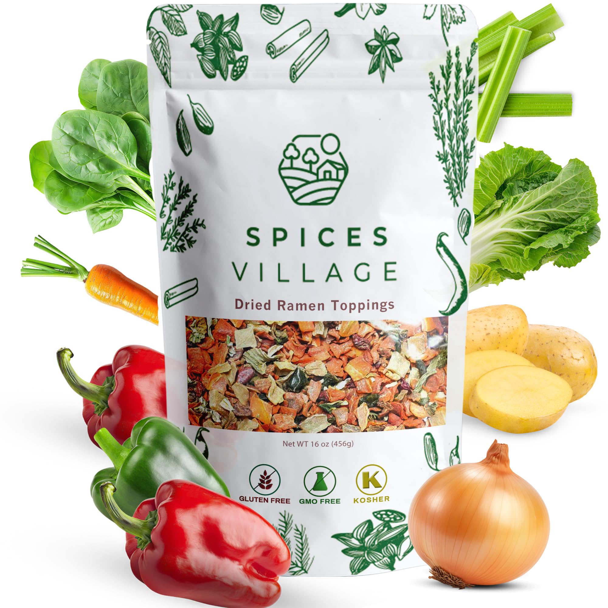 Spices Village Dried Vegetables, Dried Ramen Toppings, Less Carrots More Bell Pepppers, 16 oz, Non GMO, Kosher